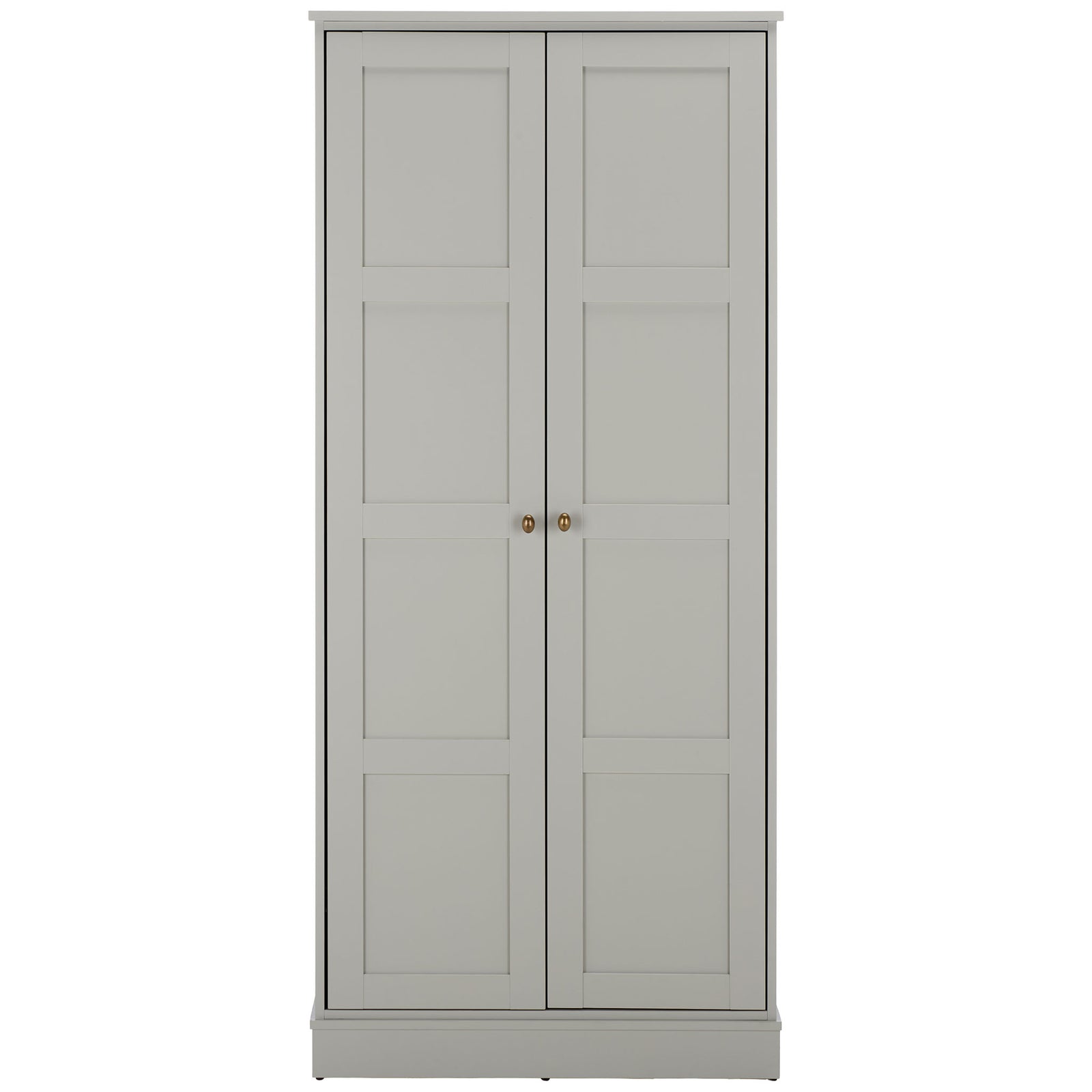 Light gray two-door wardrobe features eight inset panels, brass-tone knobs, and a plinth base. || STG3102A-2BX || front_studio