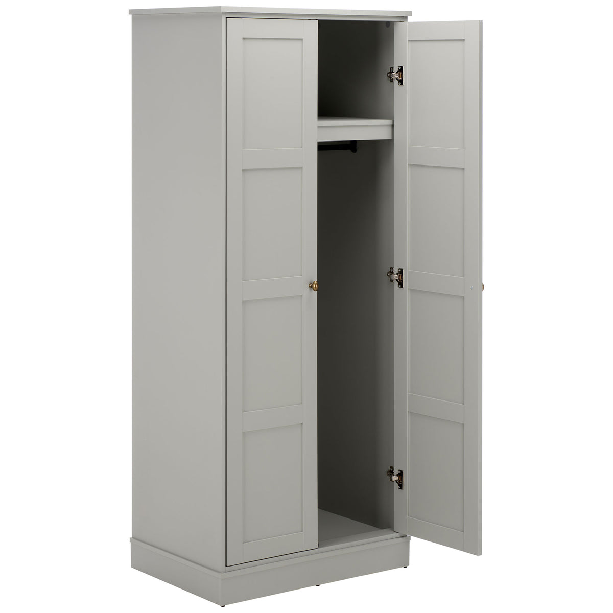 An open light gray door reveals a shelf above a tall hanging compartment. || STG3102A-2BX || front_angle_open_studio
