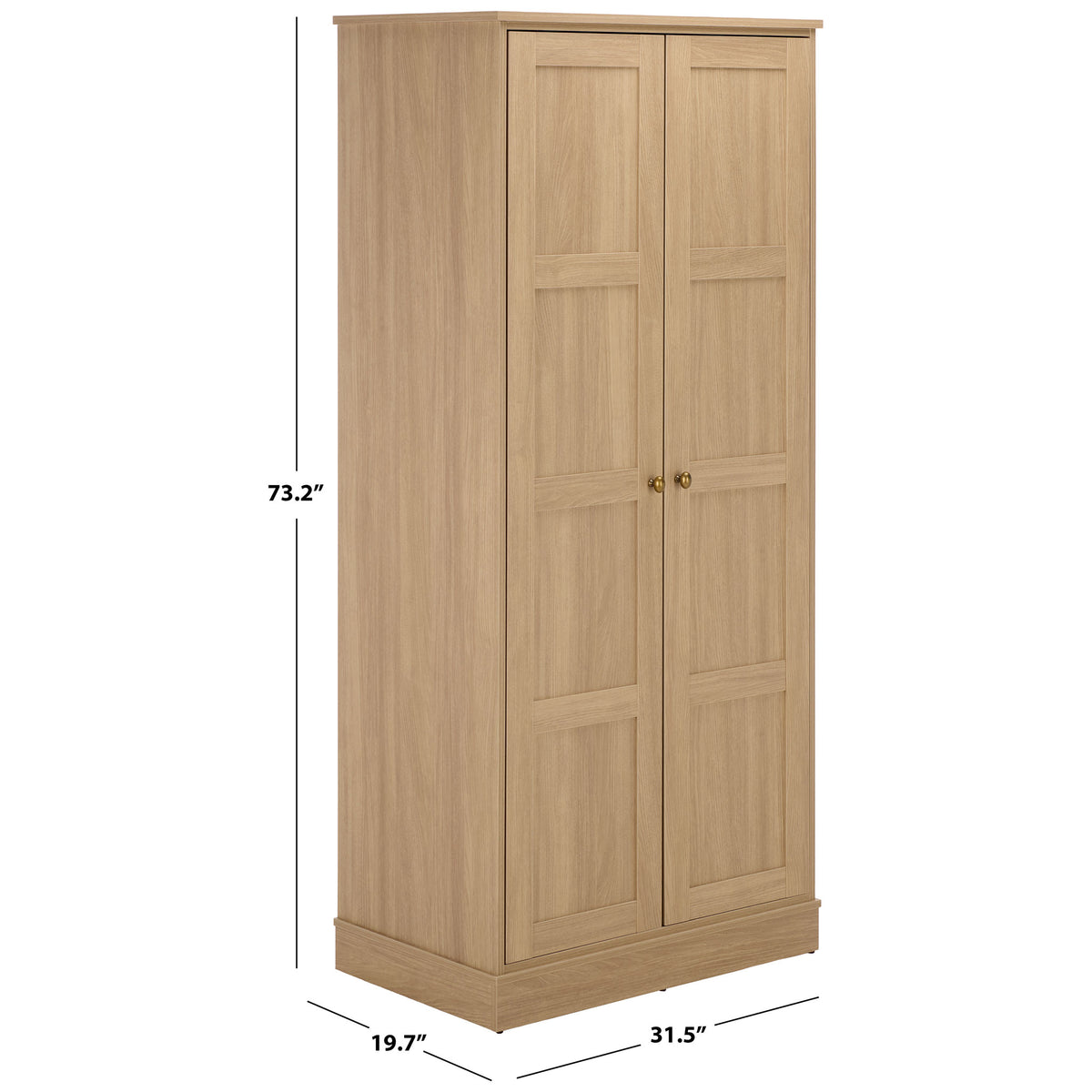 Natural wood-look wardrobe measures 31.5 inches wide, 19.7 inches deep, and 73.2 inches high.