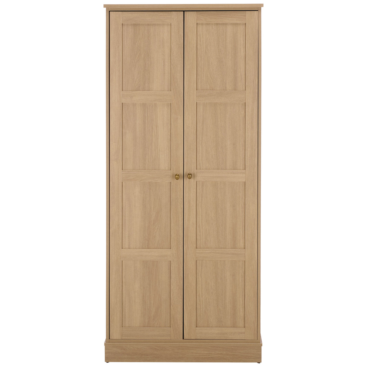 Natural wood-look two-door wardrobe features eight framed panels and warm brass-tone knobs. || STG3102B-2BX || front_studio