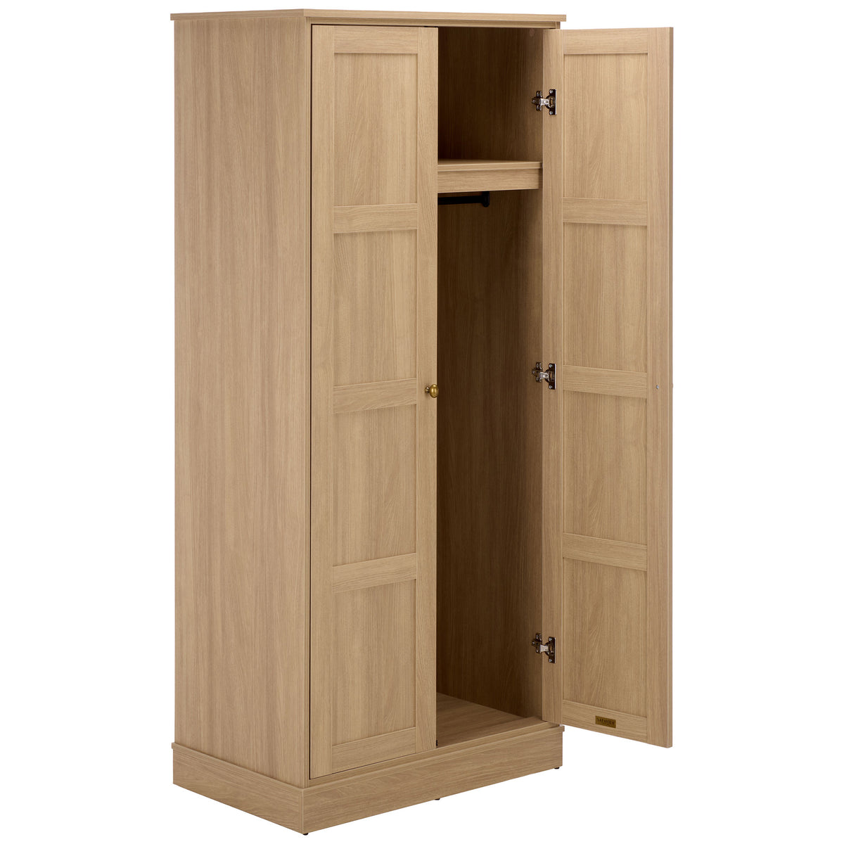 A paneled door opens to reveal a top shelf and spacious hanging section. || STG3102B-2BX || front_angle_open_studio