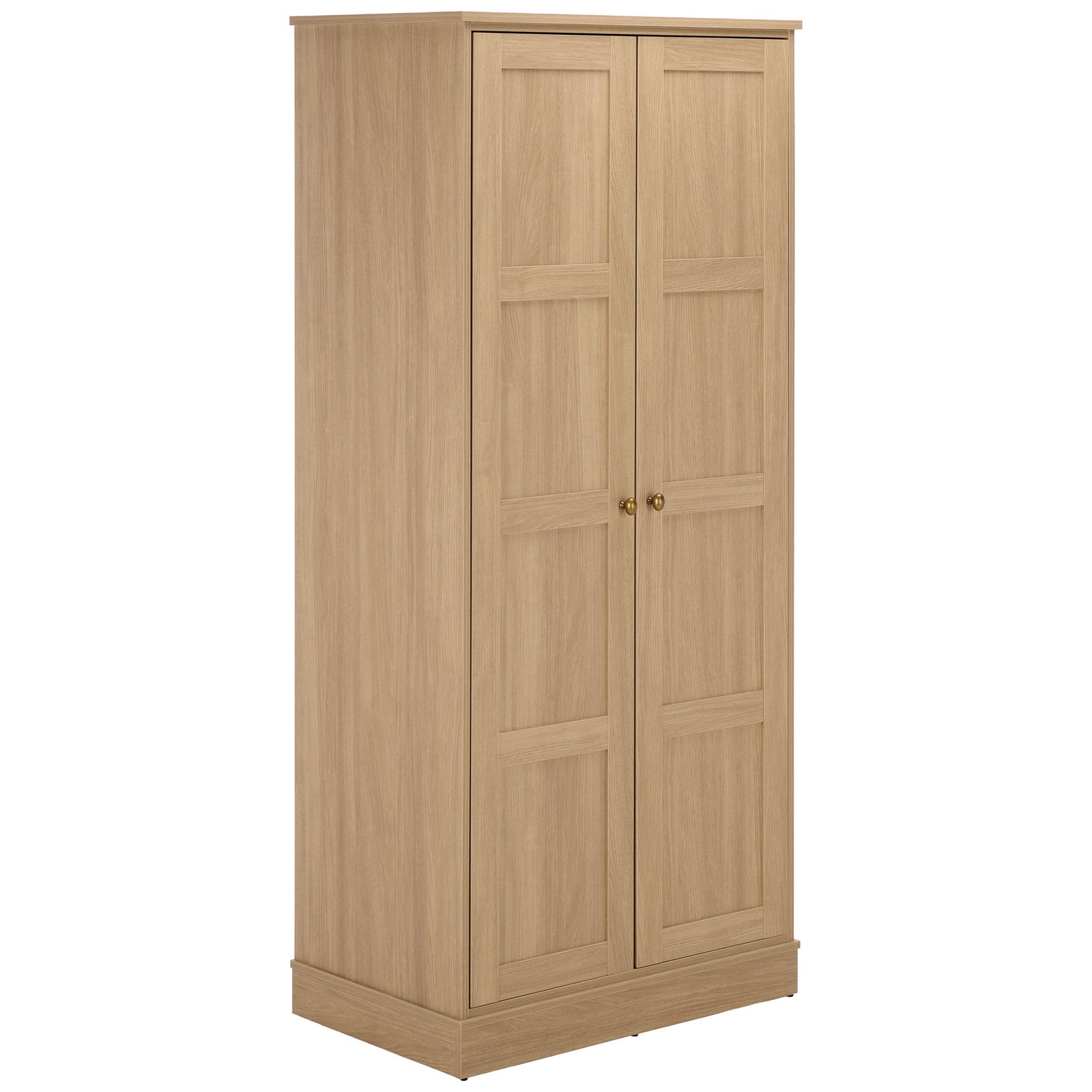 Natural wood-look grain carries across framed doors, smooth sides, and a sturdy plinth. || STG3102B-2BX || front_angle_studio