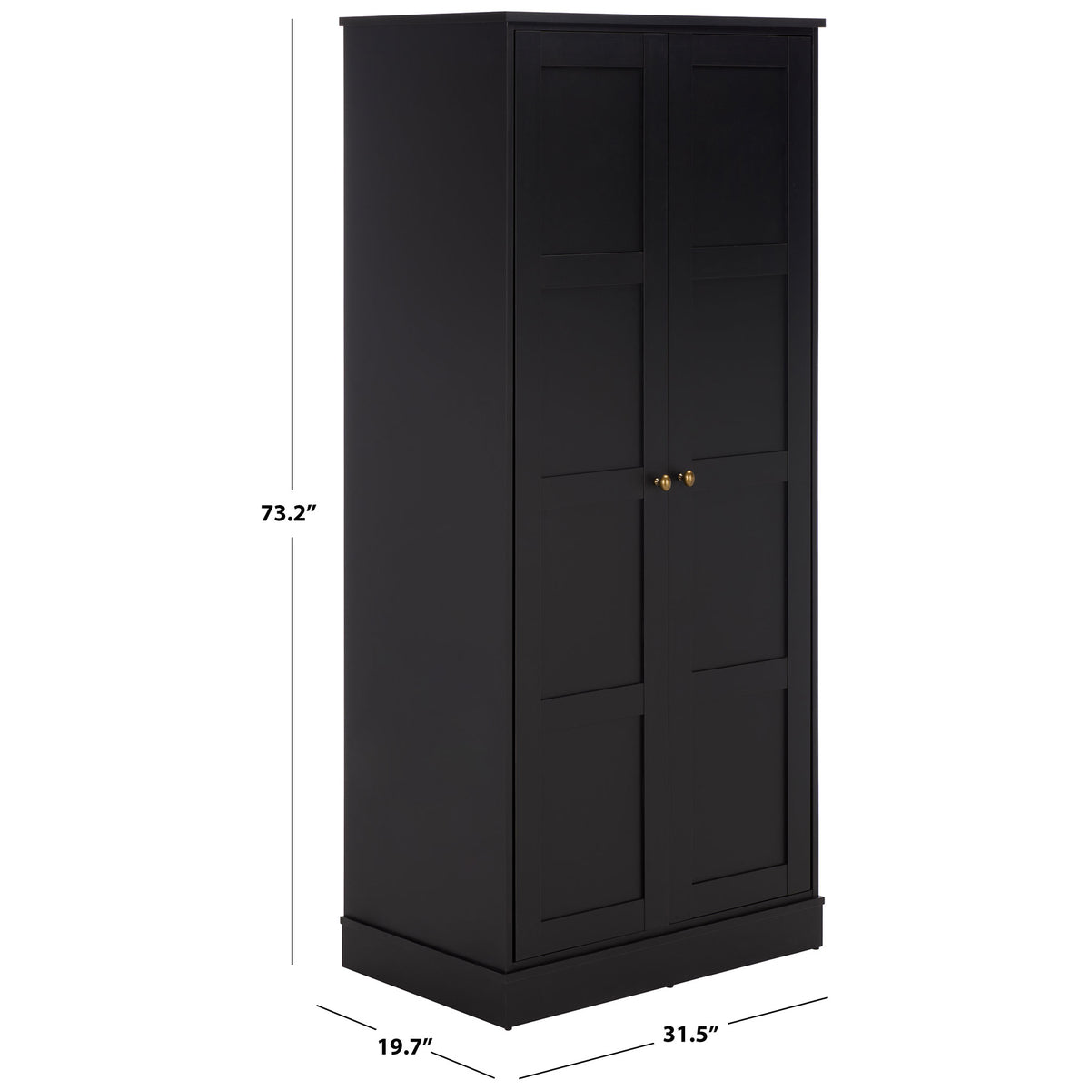 Black two-door wardrobe measures 31.5 inches wide, 19.7 inches deep, and 73.2 inches high. || STG3102C-2BX || dimension_studio