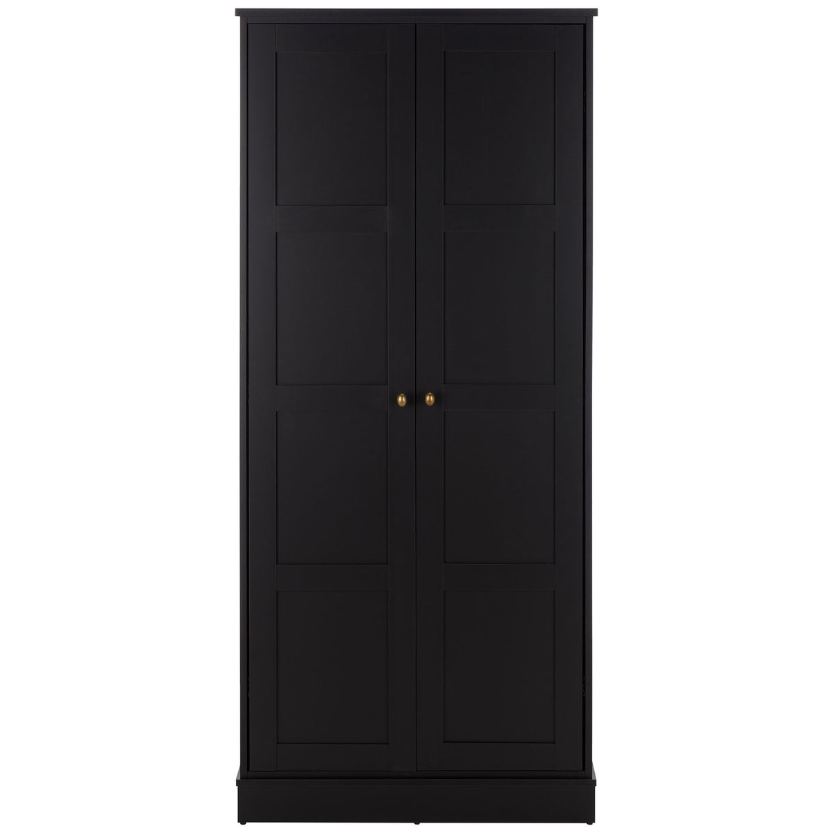 Tall black two-door wardrobe combines inset panels, brass-tone knobs, and a solid plinth. || STG3102C-2BX || front_studio