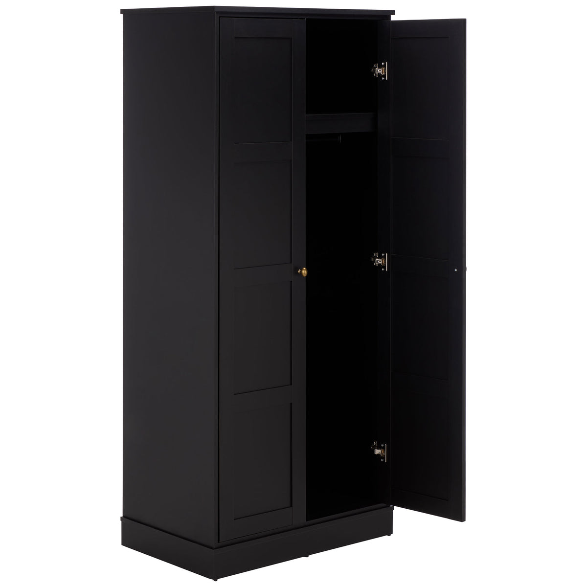 A paneled door opens to reveal a top shelf and generous hanging space. || STG3102C-2BX || front_angle_open_studio