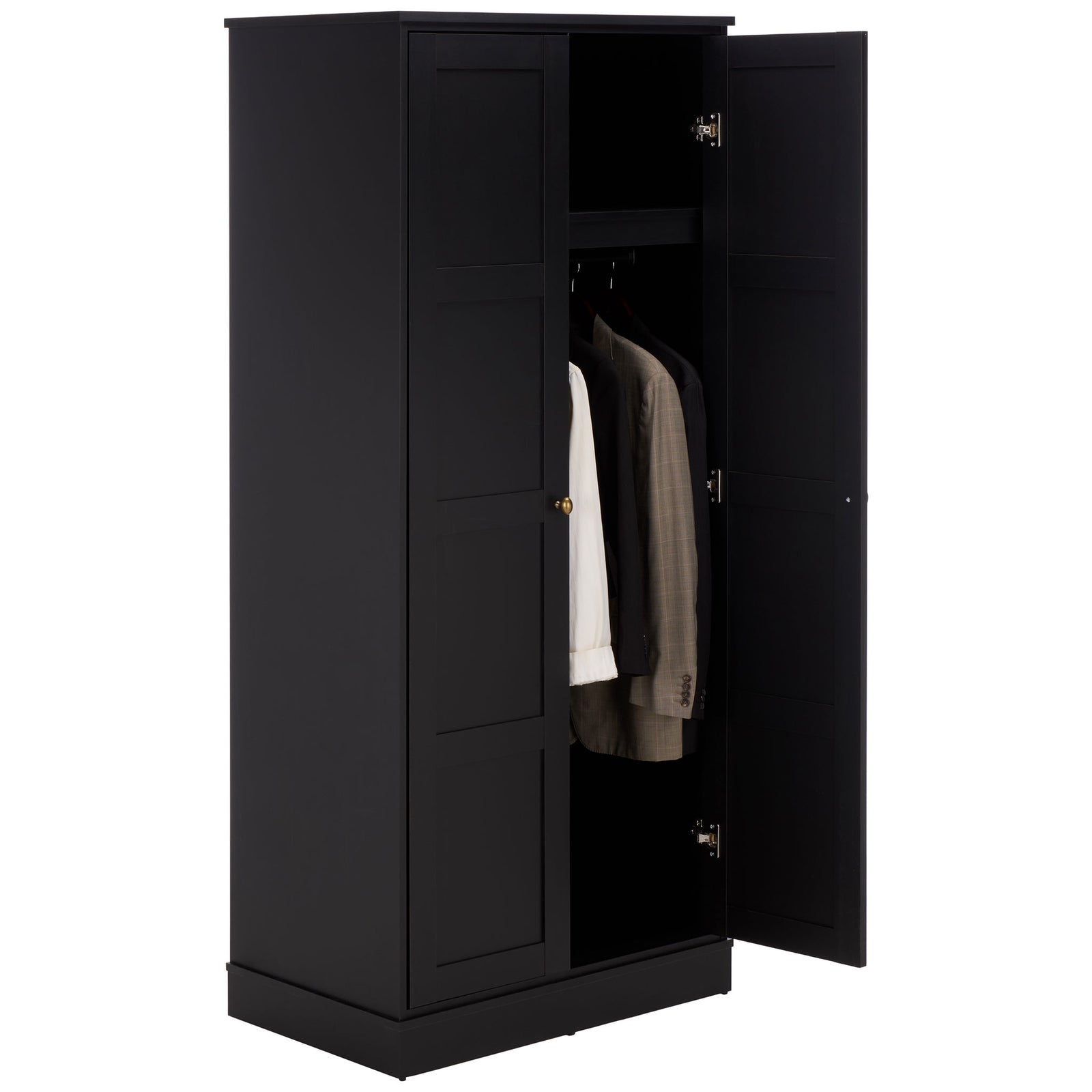 Jackets and shirts hang beneath the shelf inside this black two-door wardrobe. || STG3102C-2BX || front_angle_open_studio