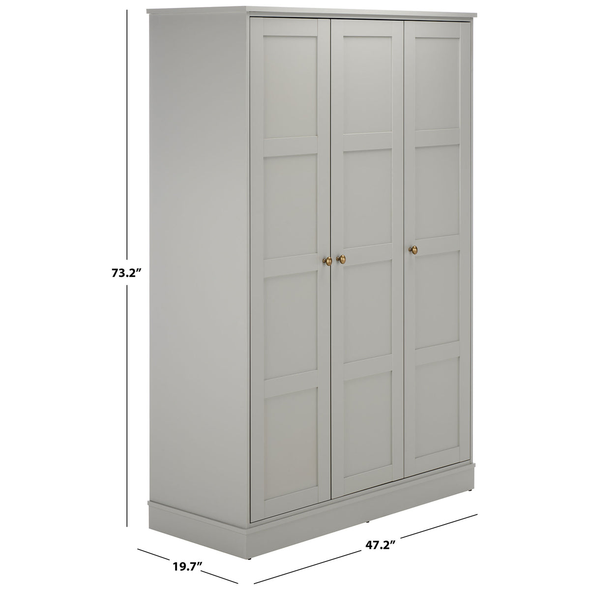 Light gray three-door wardrobe measures 47.2 inches wide, 19.7 inches deep, and 73.2 inches high. || STG3103A-3BX || dimension_studio