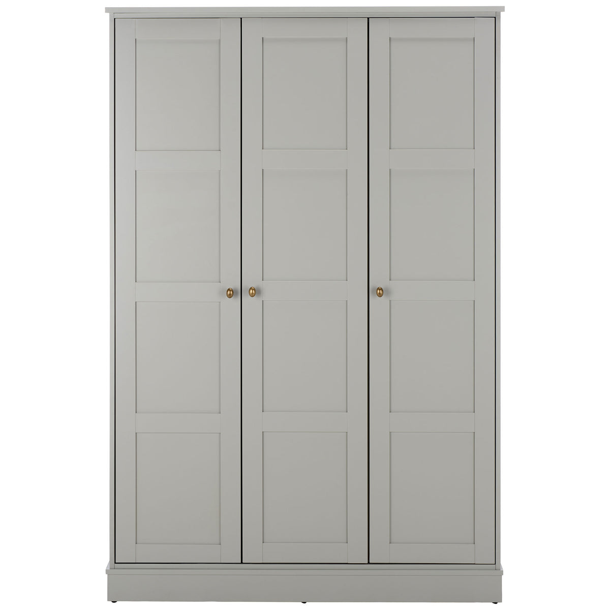 Three light gray paneled doors pair with brass-tone knobs and a substantial plinth base. || STG3103A-3BX || front_studio