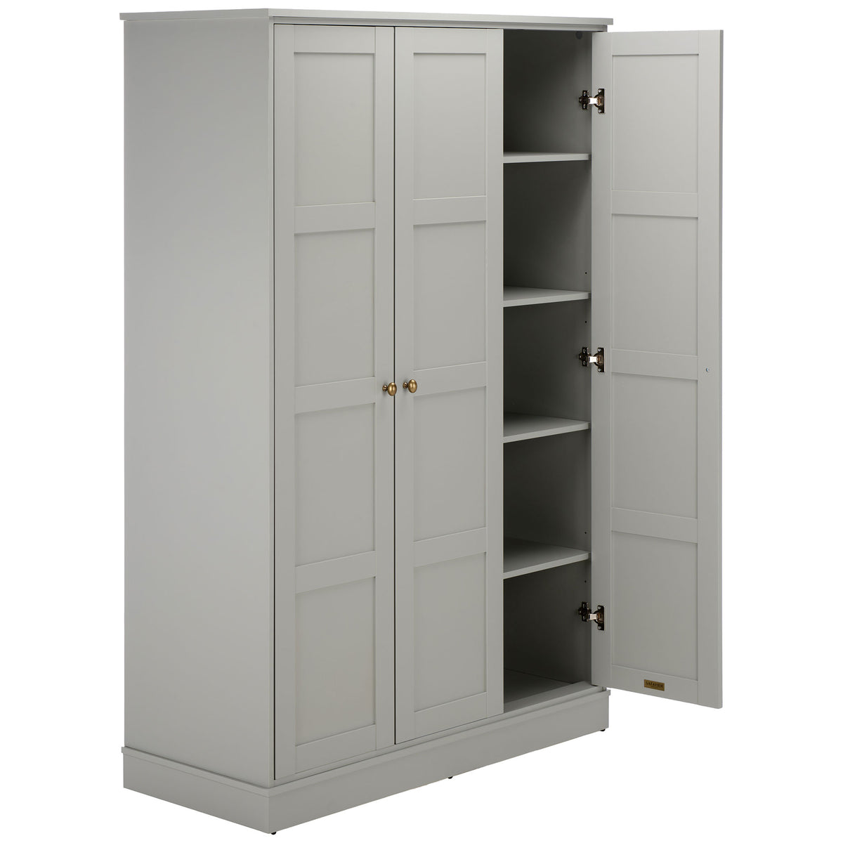 An open door reveals a column of light gray shelves for folded essentials. || STG3103A-3BX || front_angle_open_studio