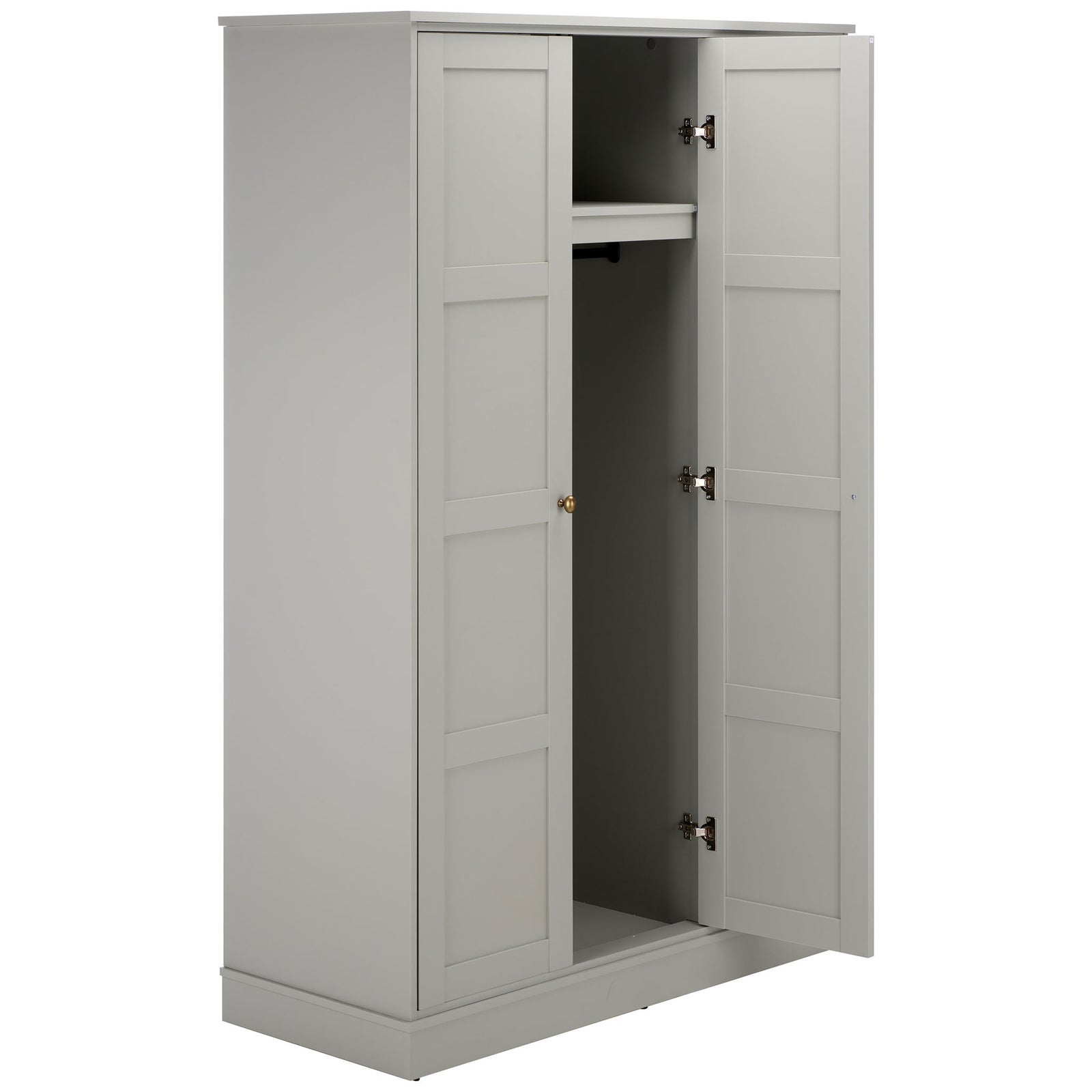 An open center door reveals a tall hanging space topped by a light gray shelf. || STG3103A-3BX || front_angle_open_studio