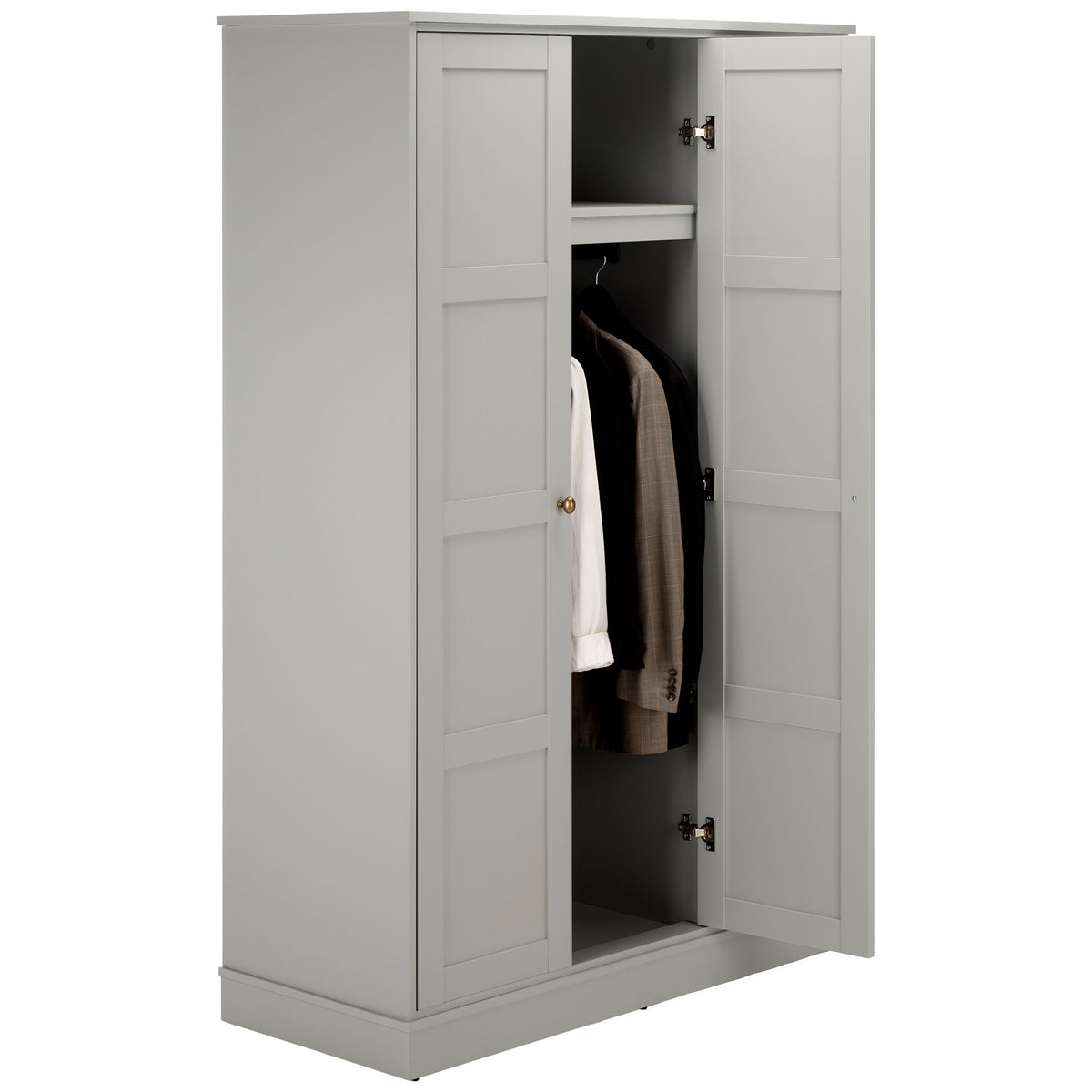 Shirts and coats hang below the shelf inside this light gray three-door wardrobe. || STG3103A-3BX || front_angle_open_studio