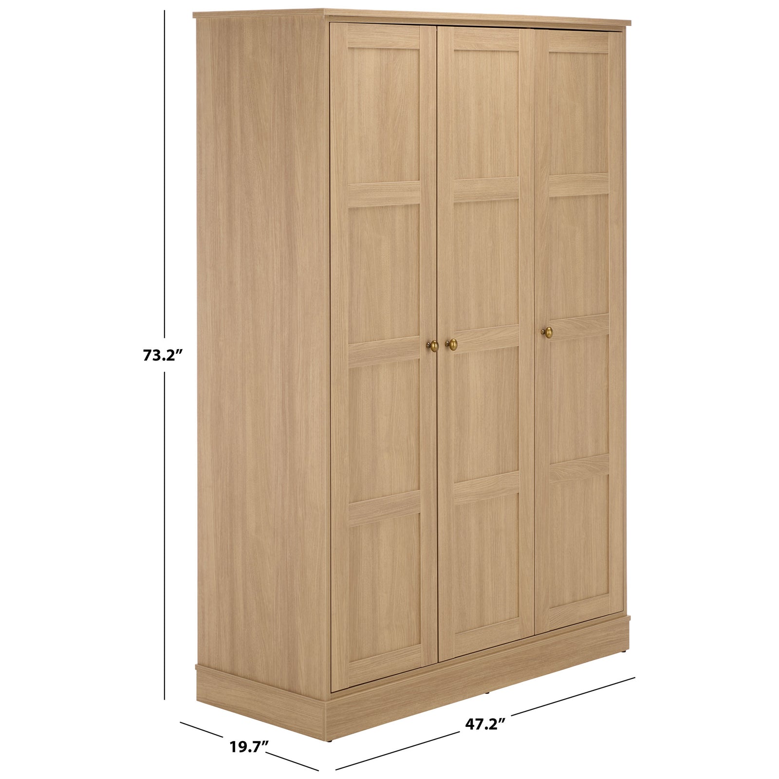 Natural wood-look three-door wardrobe measures 47.2 inches wide, 19.7 inches deep, and 73.2 inches high. || STG3103B-3BX || dimension_studio