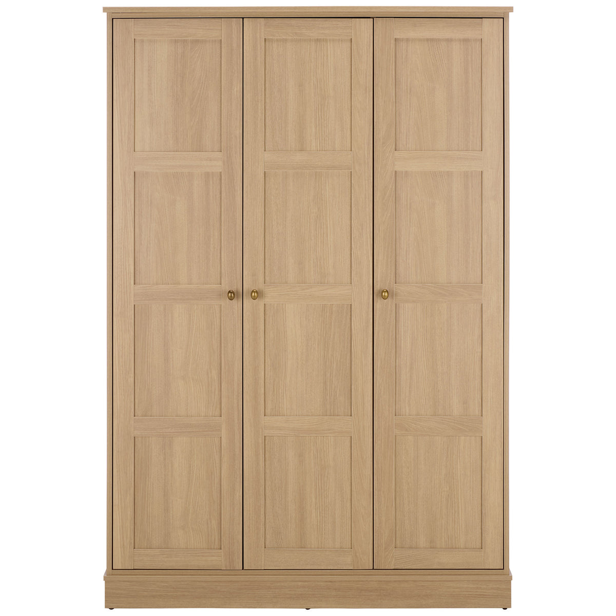 Three wood-look paneled doors and brass-tone knobs give this tall wardrobe a warm, tailored look. || STG3103B-3BX || front_studio