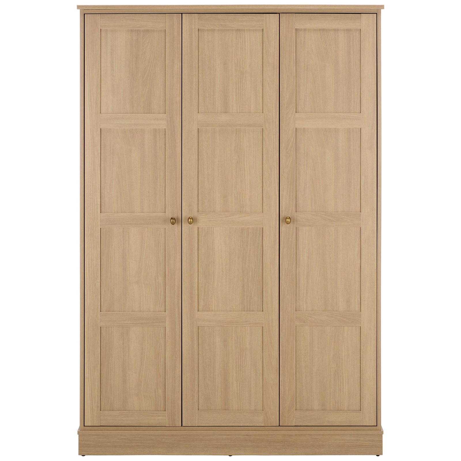 Three wood-look paneled doors and brass-tone knobs give this tall wardrobe a warm, tailored look. || STG3103B-3BX || front_studio