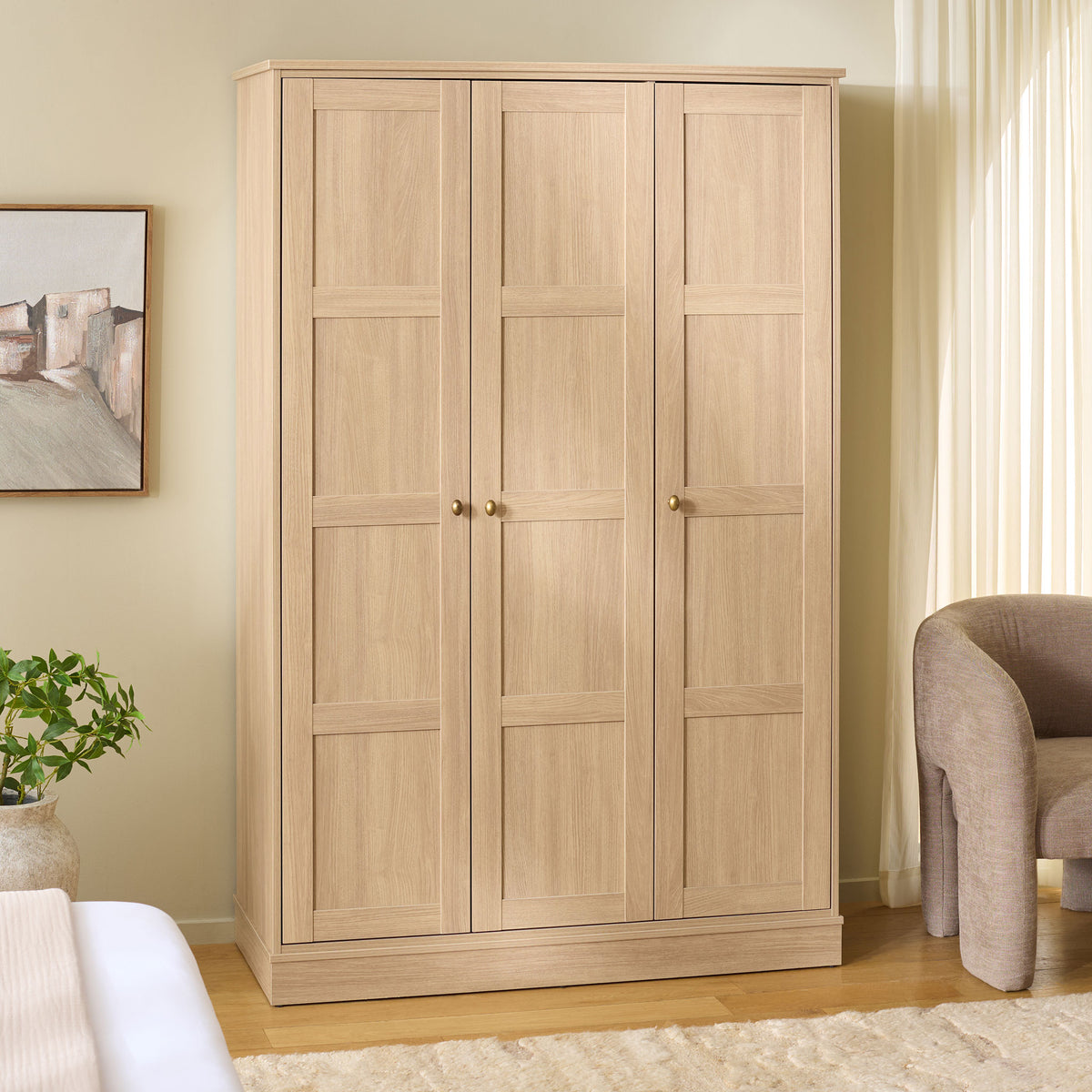 Warm wood-look three-door wardrobe keeps bedroom clothing and accessories tucked away. || STG3103B-3BX || front_angle_room