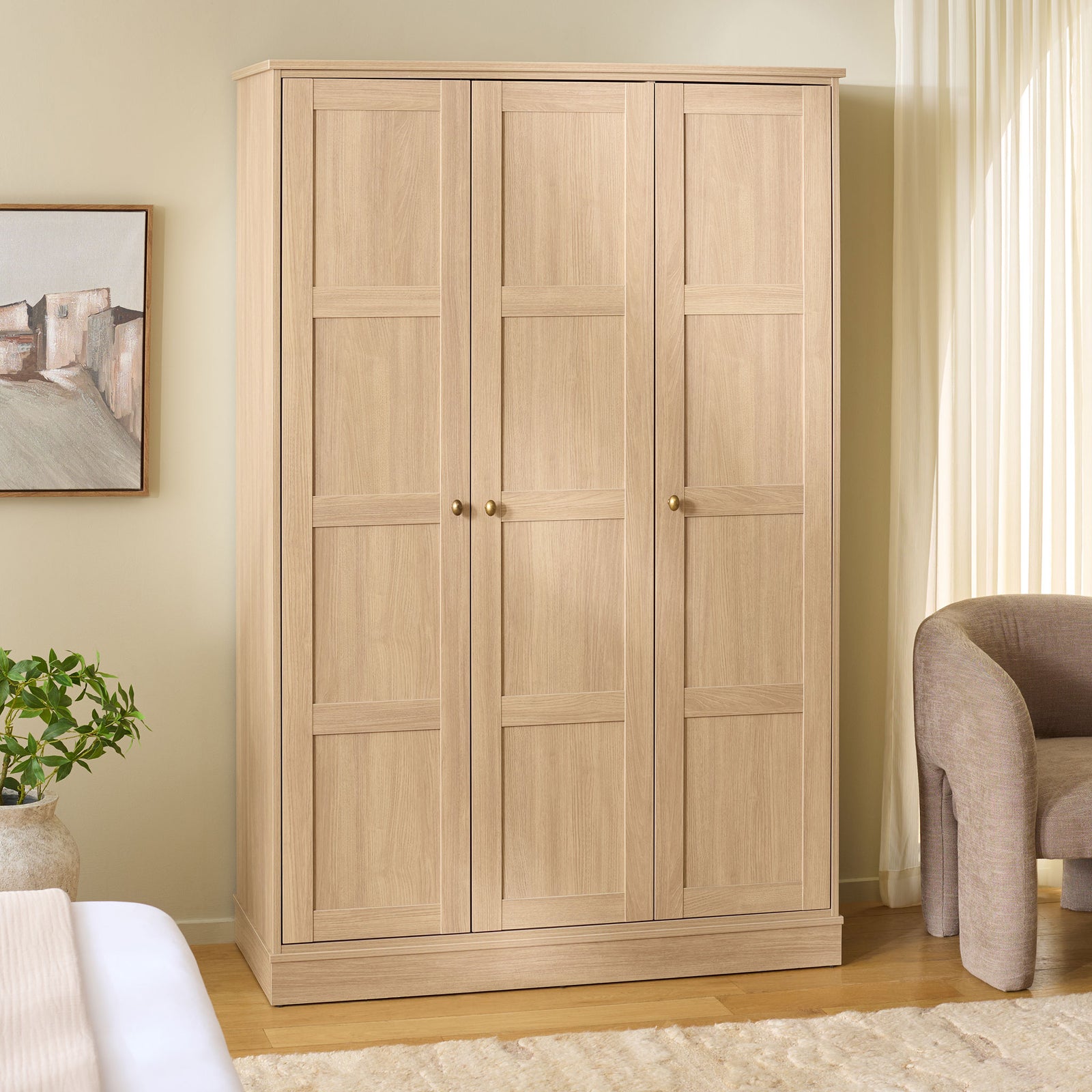 Warm wood-look three-door wardrobe keeps bedroom clothing and accessories tucked away. || STG3103B-3BX || front_angle_room