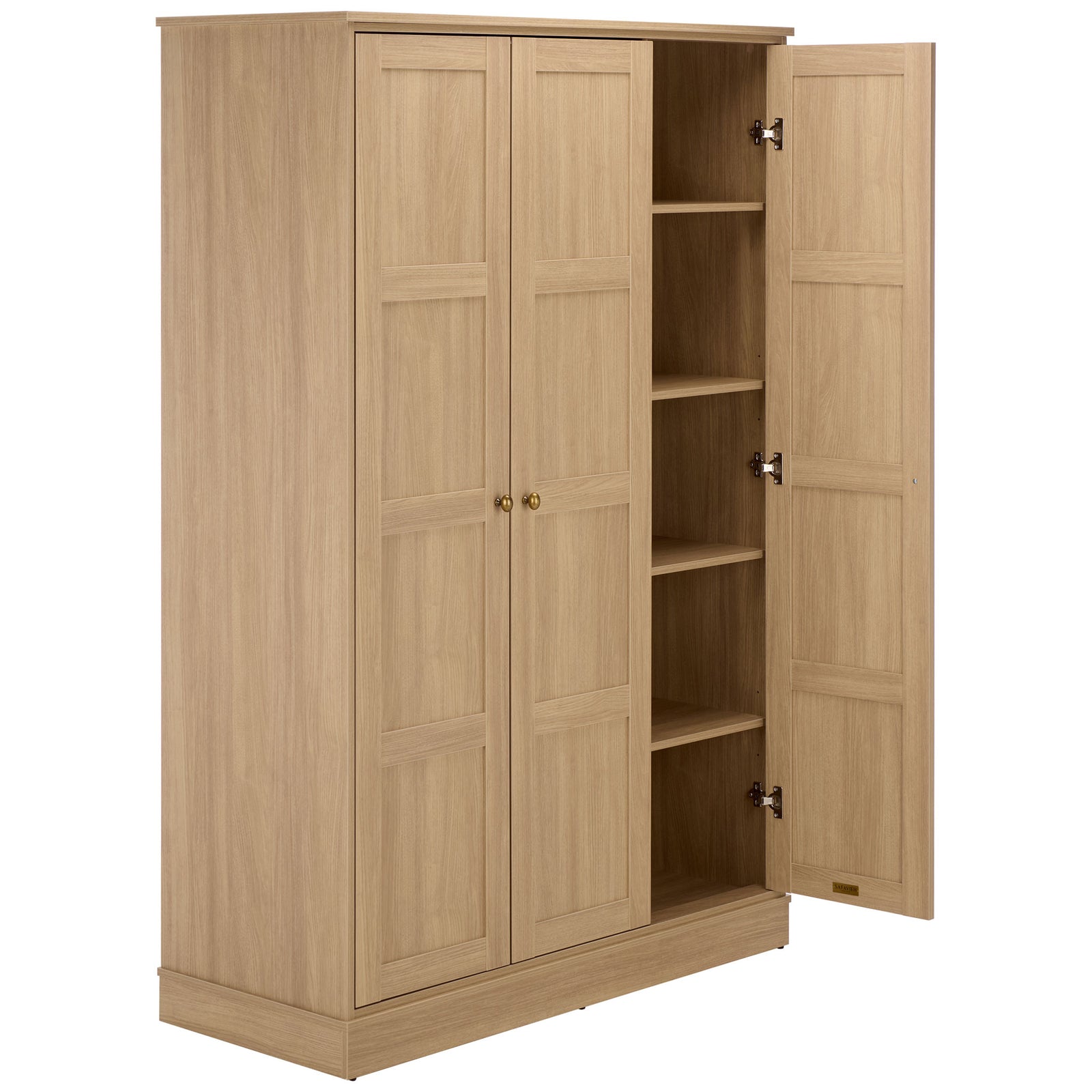 A paneled door opens onto stacked wood-look shelves for folded clothes and linens. || STG3103B-3BX || front_angle_open_studio