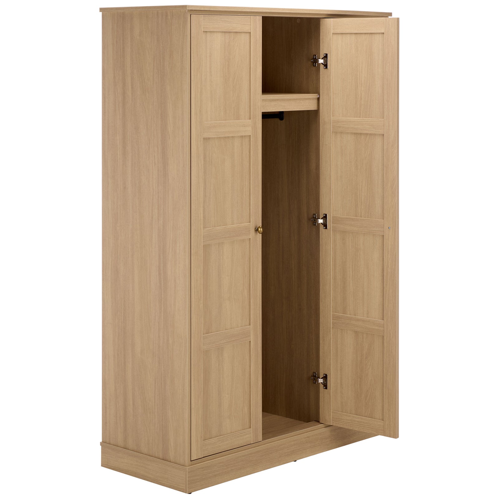 An open center door reveals spacious hanging storage beneath an upper shelf. || STG3103B-3BX || front_angle_open_studio