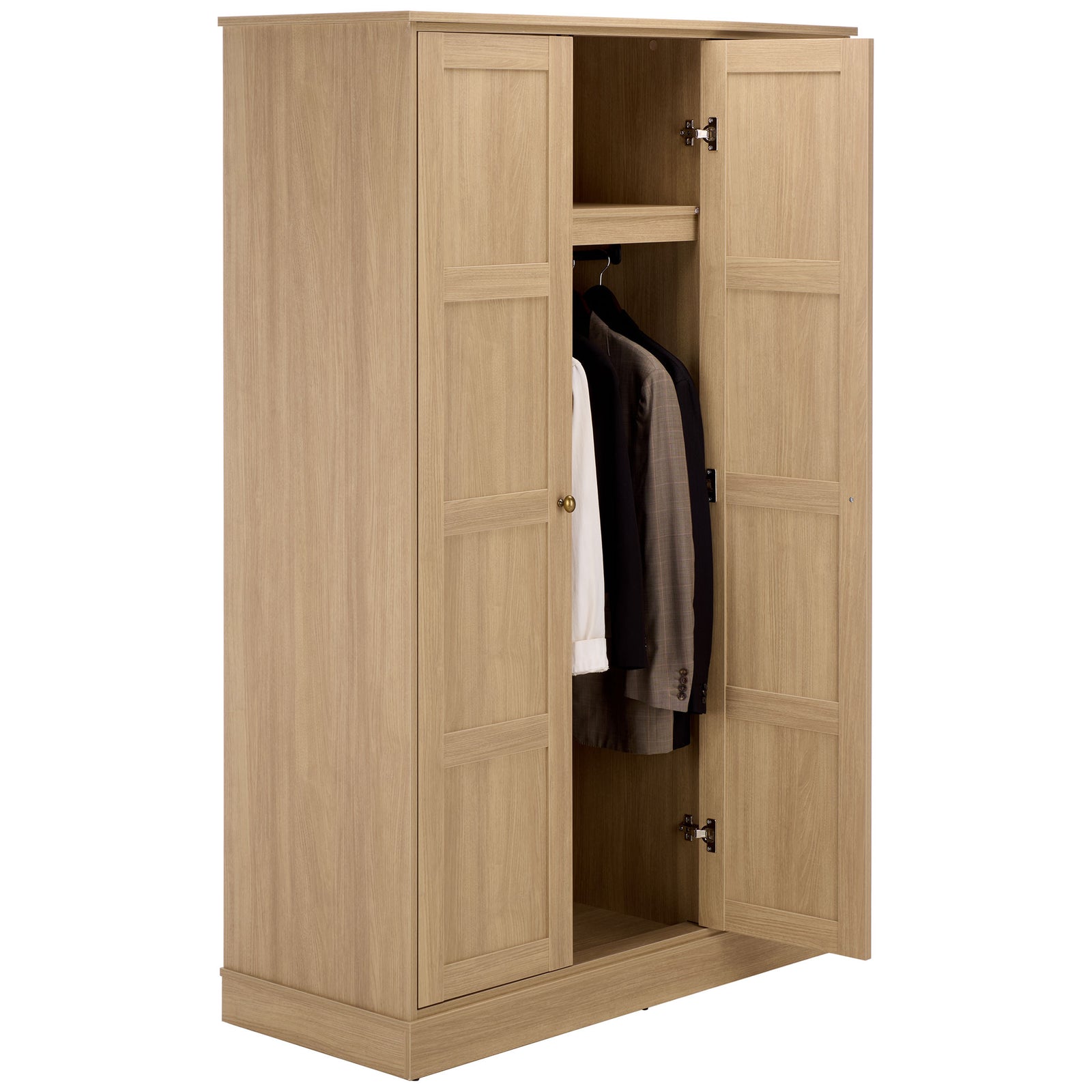 Wood-look doors frame shirts and jackets hanging below a handy upper shelf. || STG3103B-3BX || front_angle_open_studio
