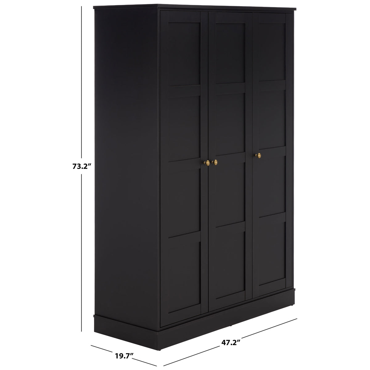 Black three-door wardrobe measures 47.2 inches wide, 19.7 inches deep, and 73.2 inches high.