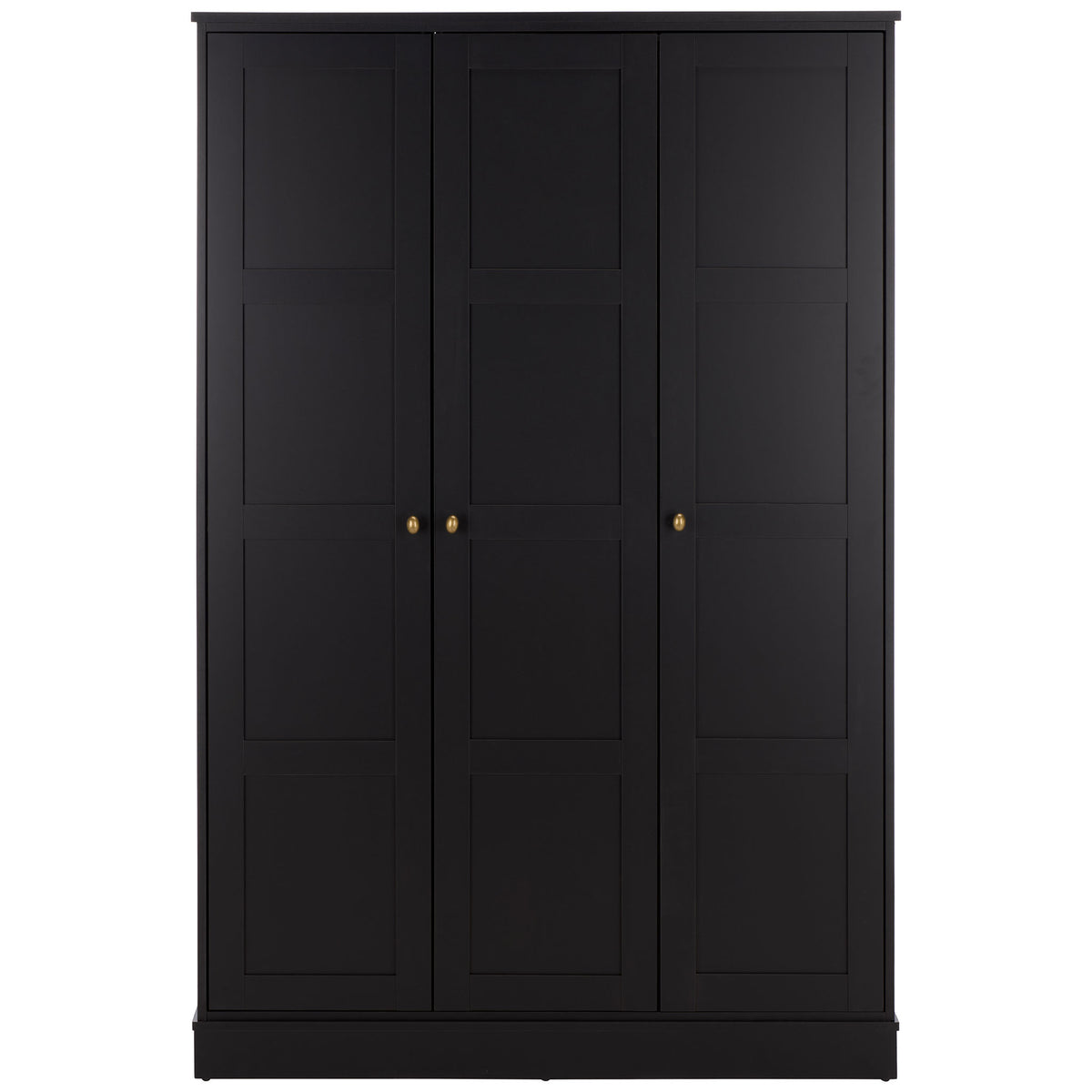 Three black paneled doors conceal ample storage, with brass-tone knobs and a solid plinth. || STG3103C-3BX || front_studio