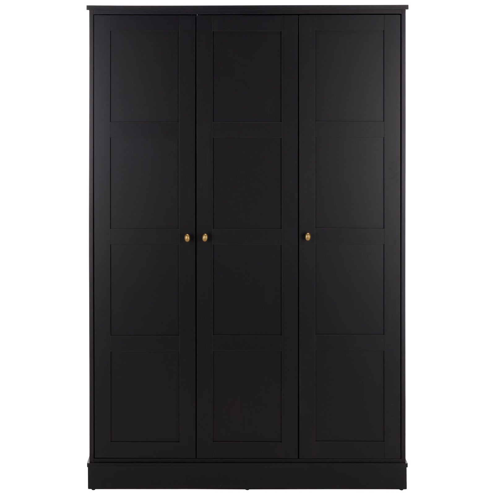 Three black paneled doors conceal ample storage, with brass-tone knobs and a solid plinth. || STG3103C-3BX || front_studio