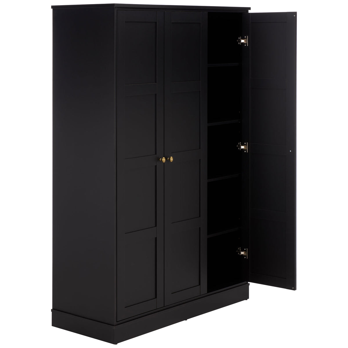 A black paneled door opens onto stacked shelves for folded essentials. || STG3103C-3BX || front_angle_open_studio