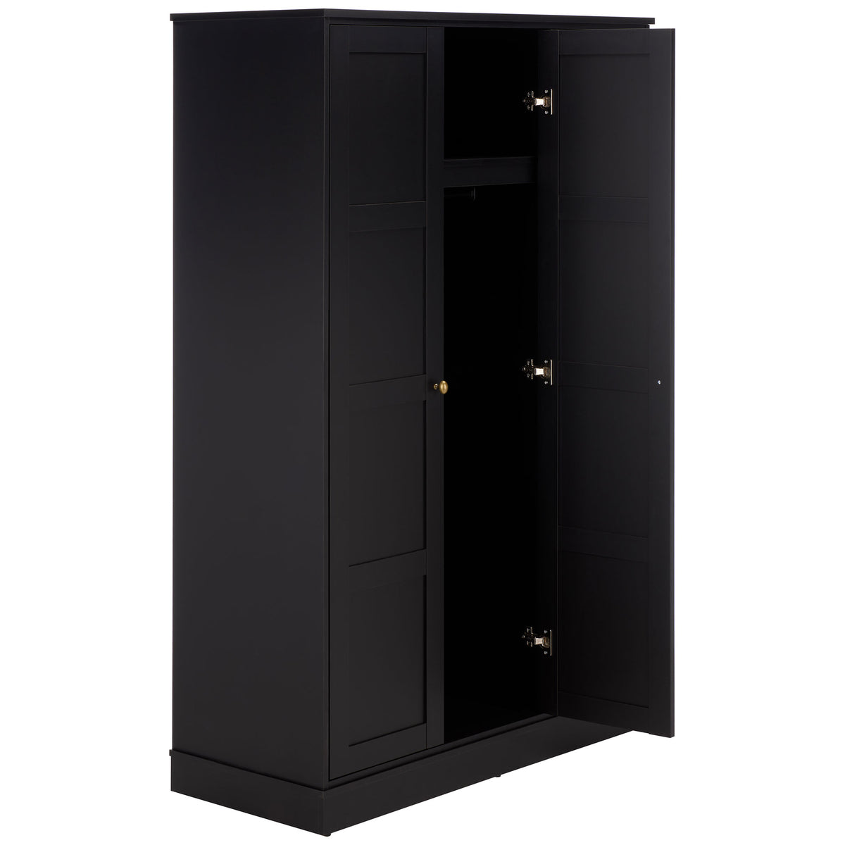 An open center door reveals an upper shelf and room for hanging clothes. || STG3103C-3BX || front_angle_open_studio