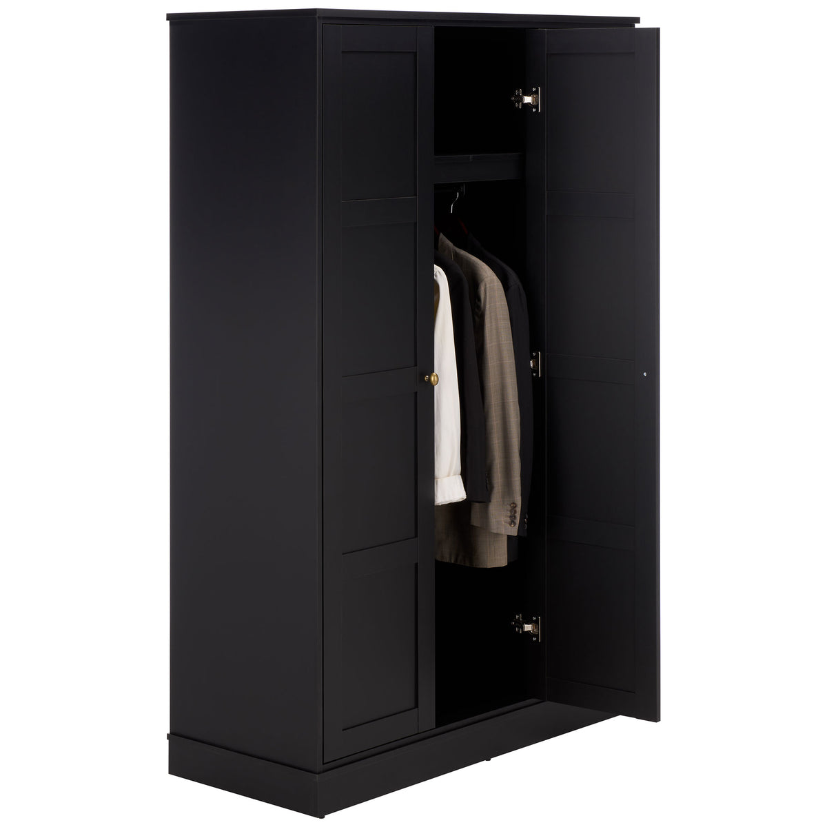 Shirts and jackets hang neatly below the shelf behind the black paneled doors. || STG3103C-3BX || front_angle_open_studio