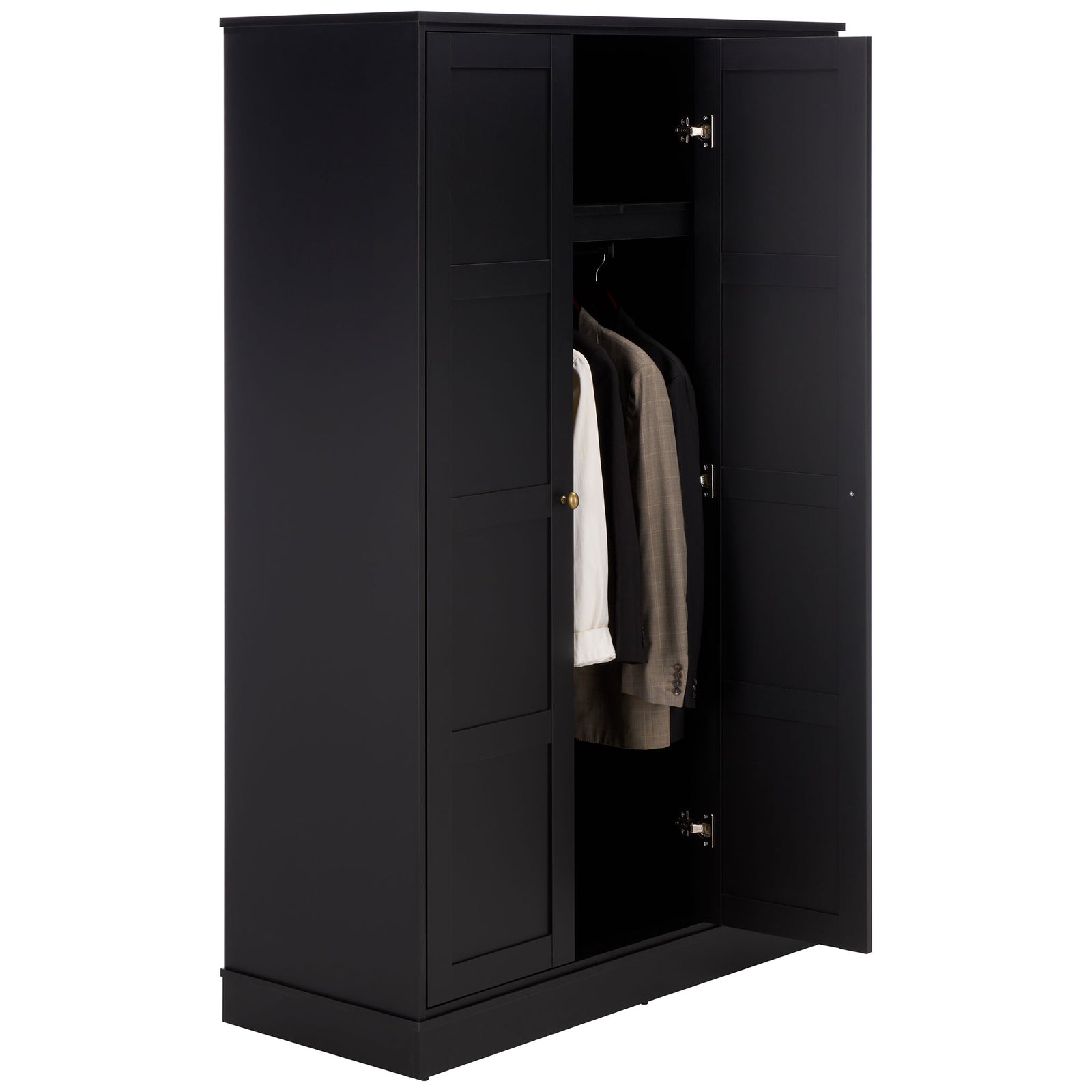 Shirts and jackets hang neatly below the shelf behind the black paneled doors. || STG3103C-3BX || front_angle_open_studio