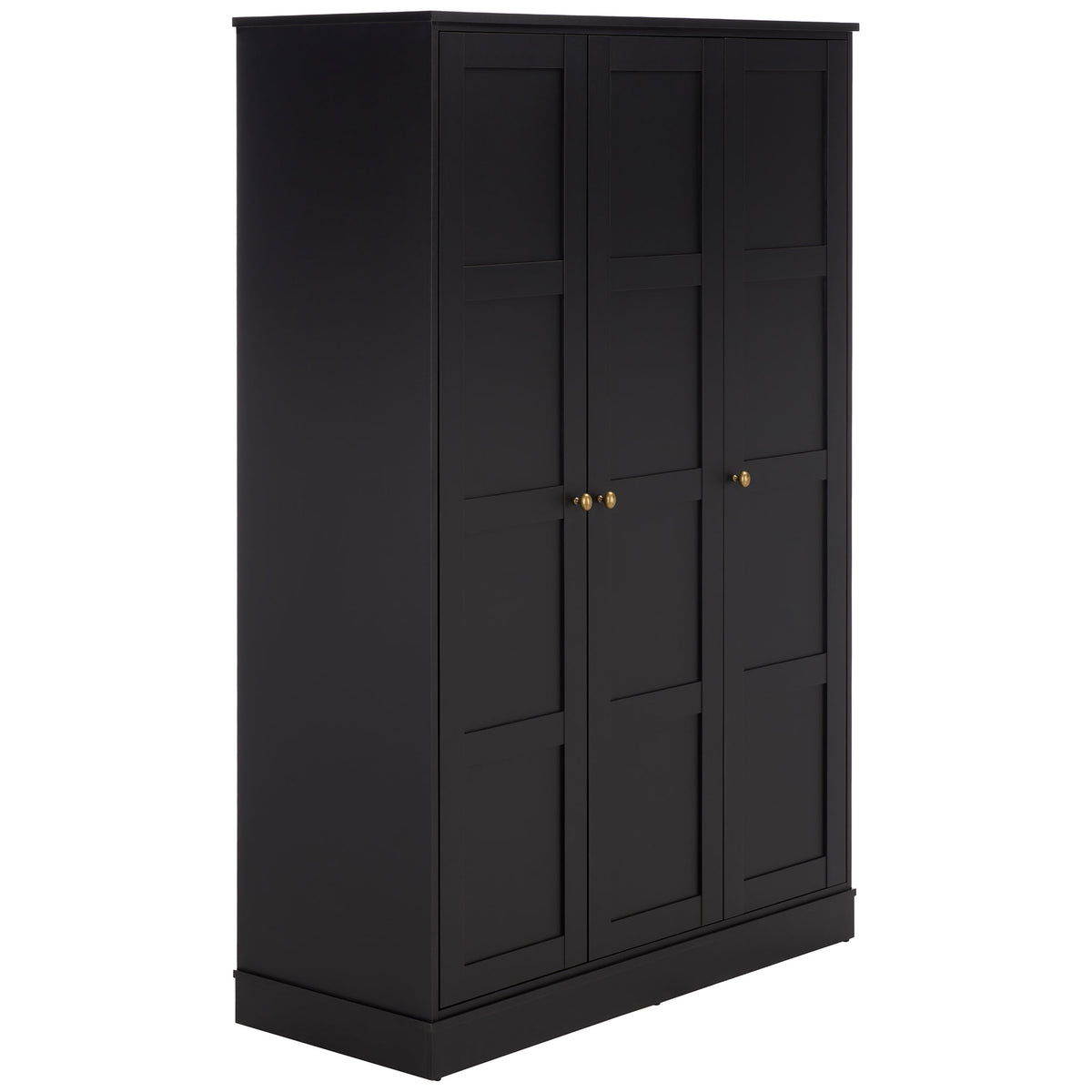 Three inset-panel doors pair with smooth black sides and warm brass-tone hardware. || STG3103C-3BX || front_angle_studio