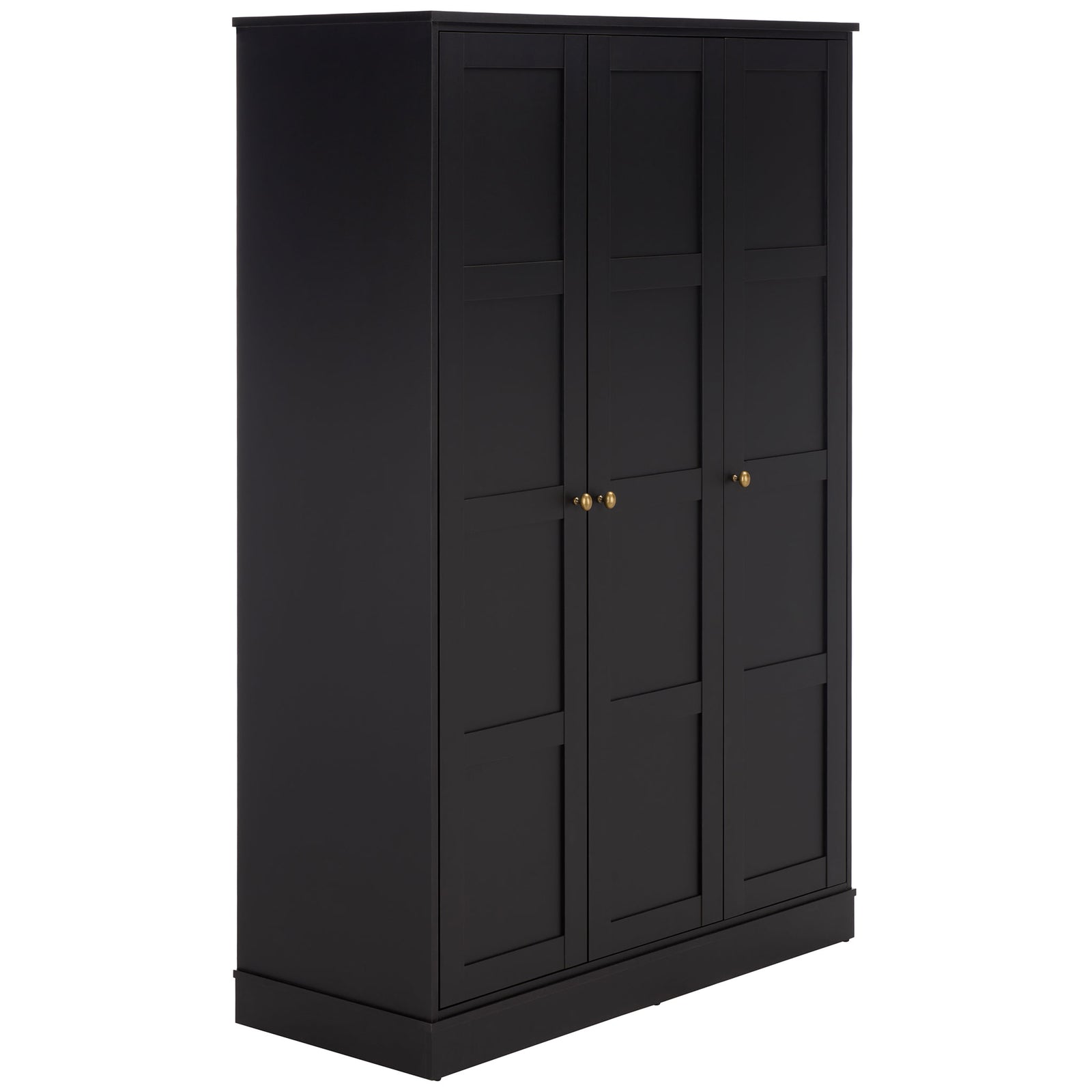 Three inset-panel doors pair with smooth black sides and warm brass-tone hardware. || STG3103C-3BX || front_angle_studio