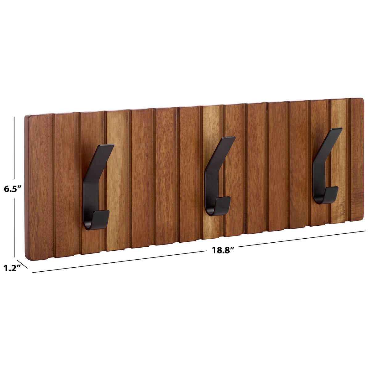 Slatted wood coat rack with three black hooks measures 18.8 inches wide || STG5000A || dimension_studio