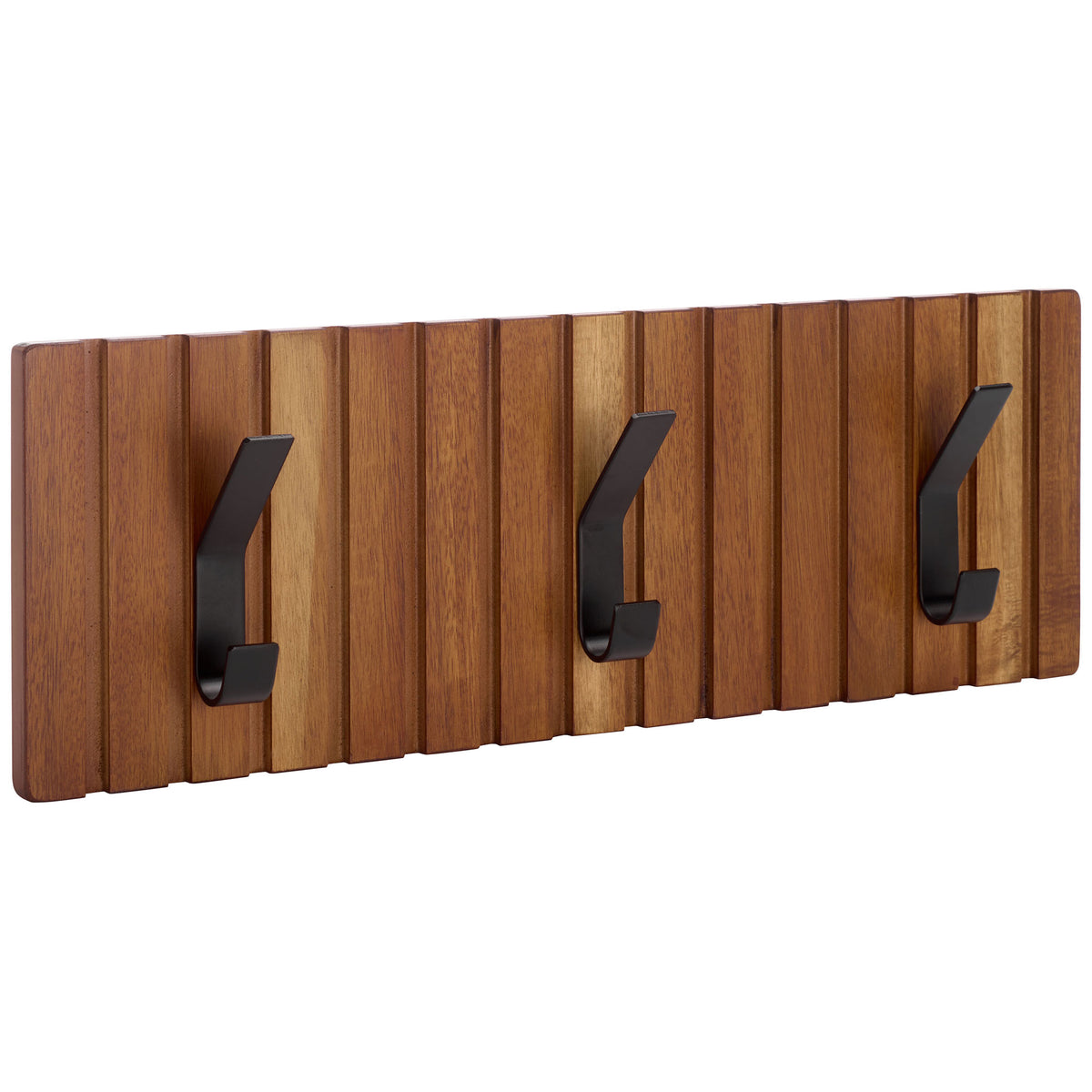 Three black hooks extend from a wall rack with varied natural wood grain || STG5000A || front_angle_studio