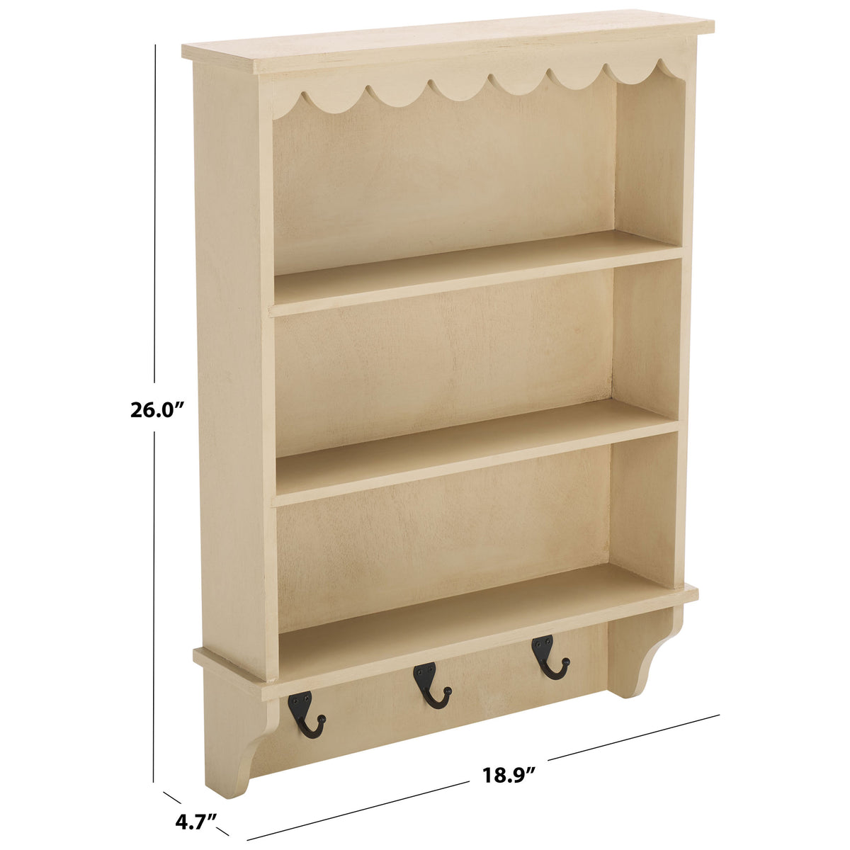 This pale wood rack measures 18.9 inches wide, 26 inches high, and 4.7 inches deep