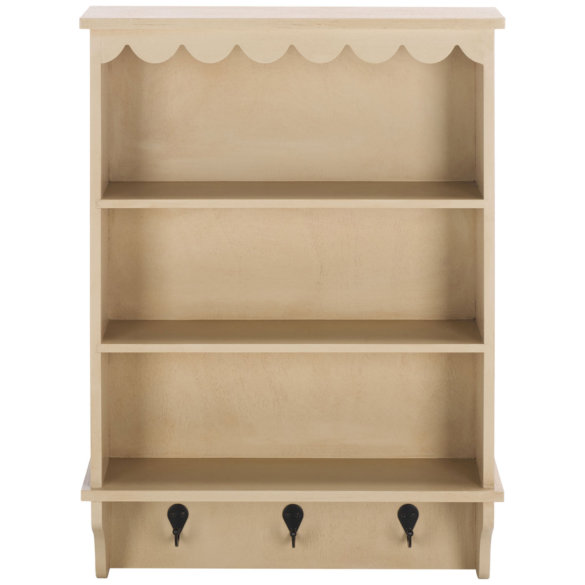 Natural-toned wood wall rack pairs three open shelves with three contrasting black hooks || STG5702A || front_studio