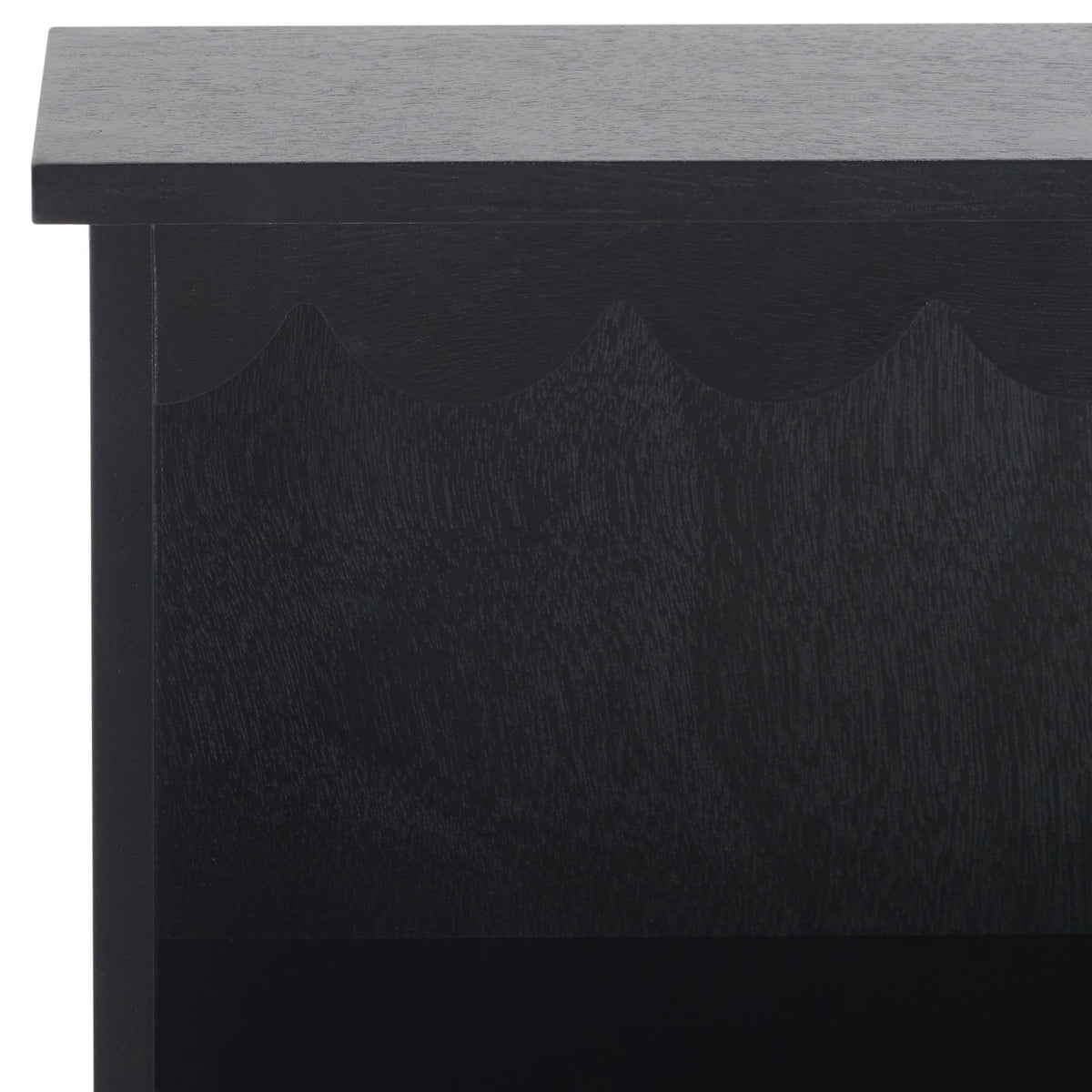 Scalloped trim softens the top of this matte black wood wall rack || STG5702B || detail_studio