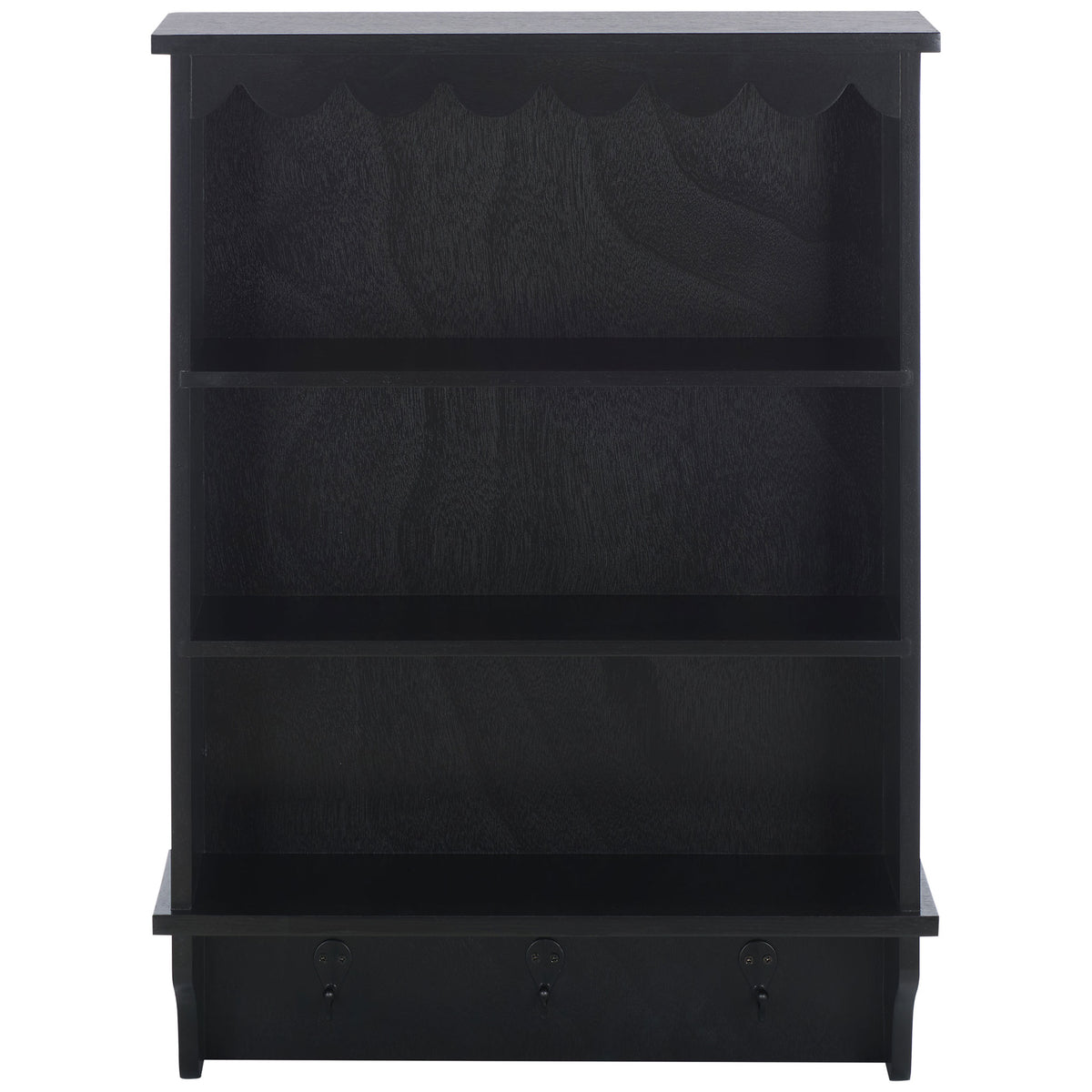 Matte black wood wall rack features three open shelves, scalloped trim, and three hooks || STG5702B || front_studio