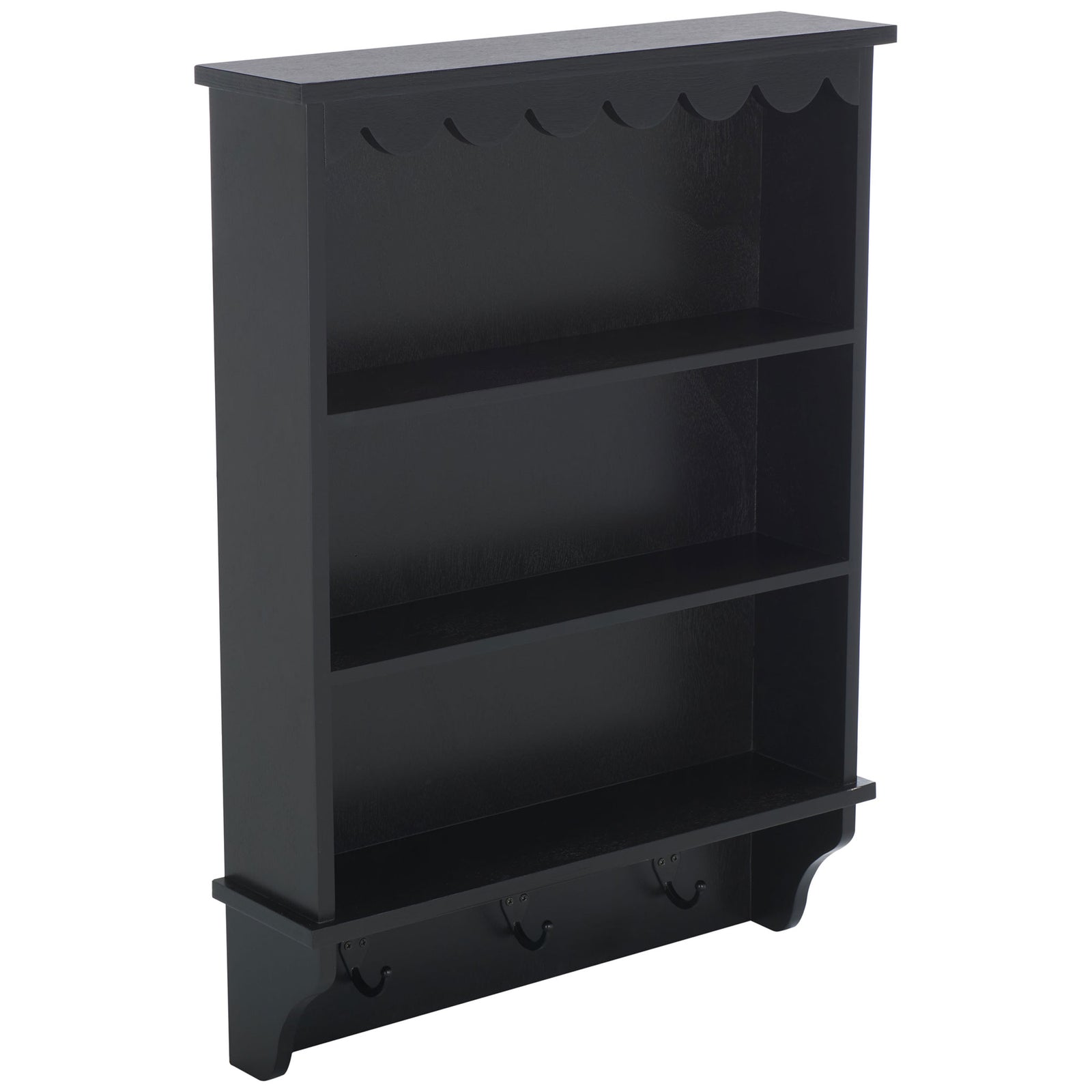 A slim matte black wood rack offers three shelves and a row of metal coat hooks || STG5702B || front_angle_studio