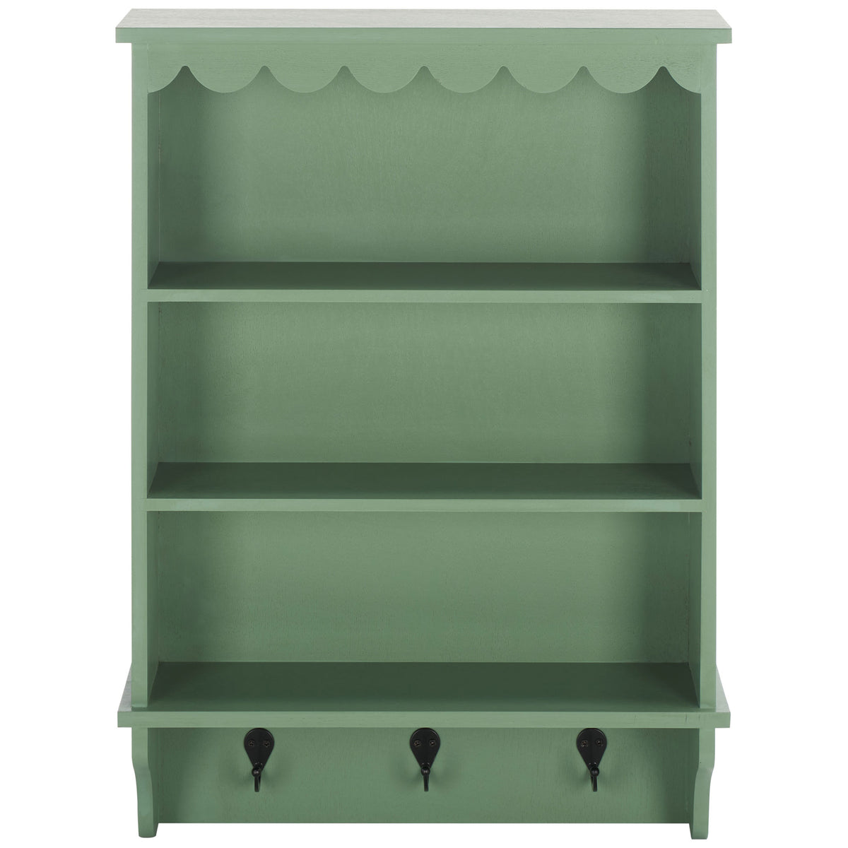 Sage green wood wall rack offers three open shelves, scalloped trim, and three hooks || STG5702C || front_studio