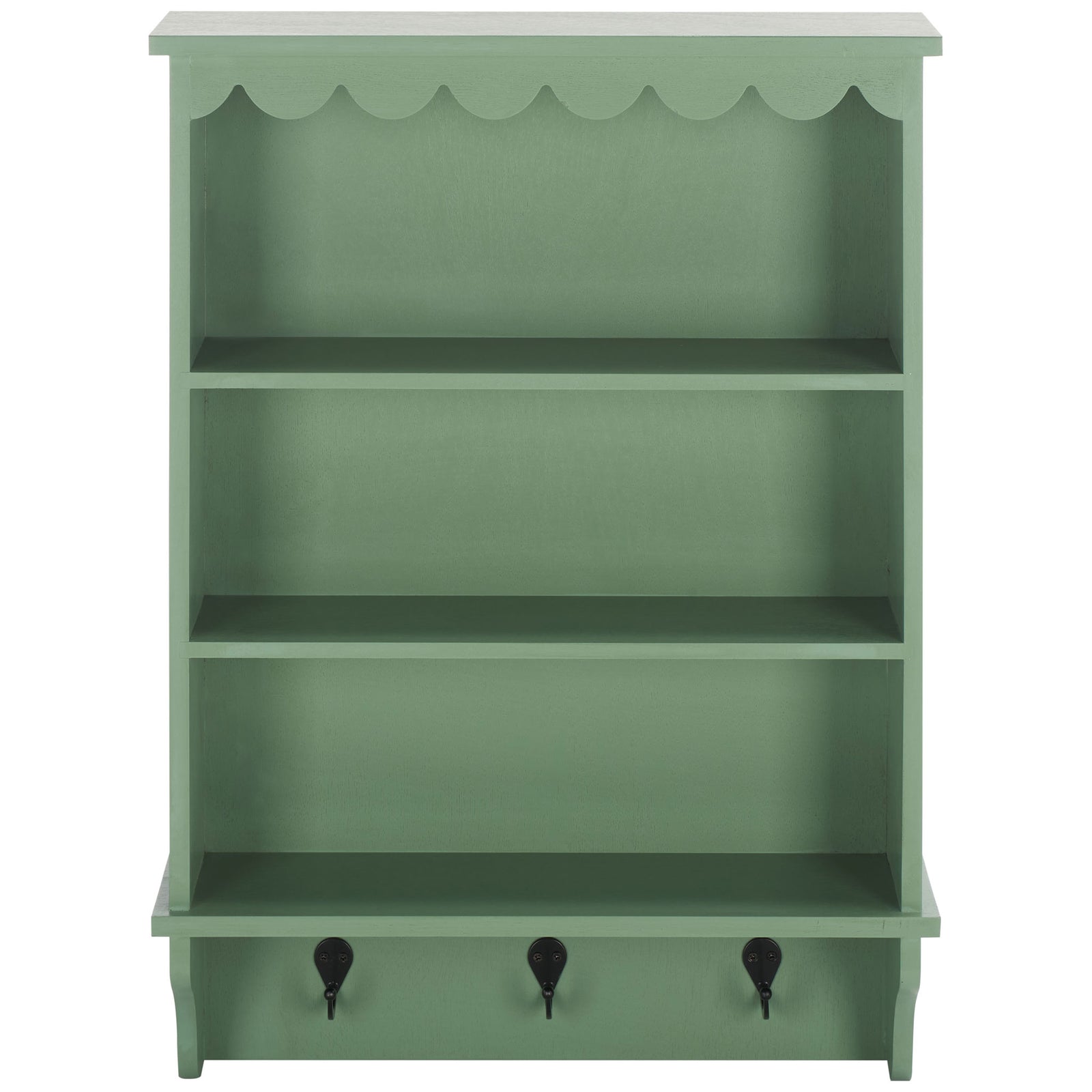 Sage green wood wall rack offers three open shelves, scalloped trim, and three hooks || STG5702C || front_studio
