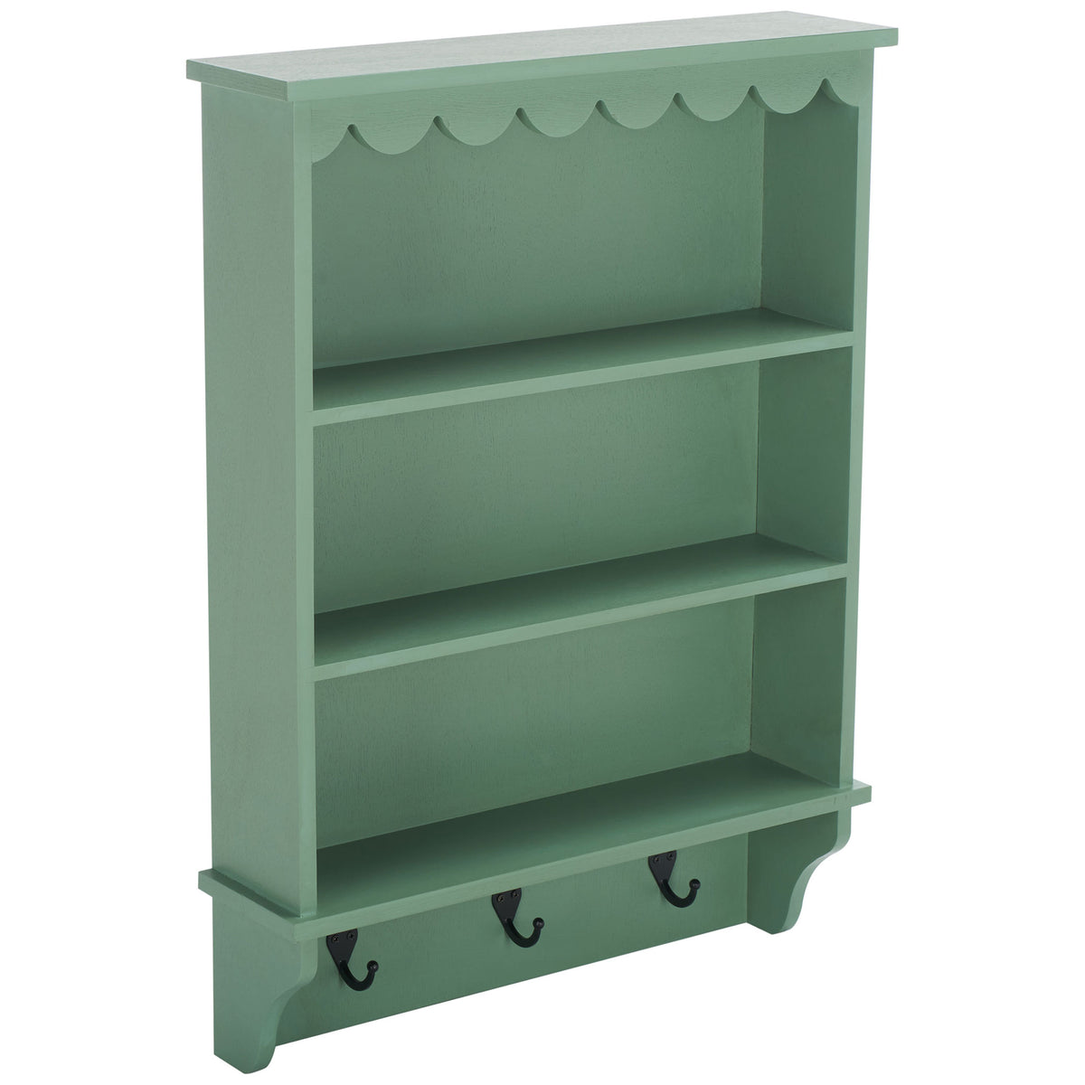 Soft green paint lends charm to the rack's slim shelves and three black hanging hooks || STG5702C || front_angle_studio
