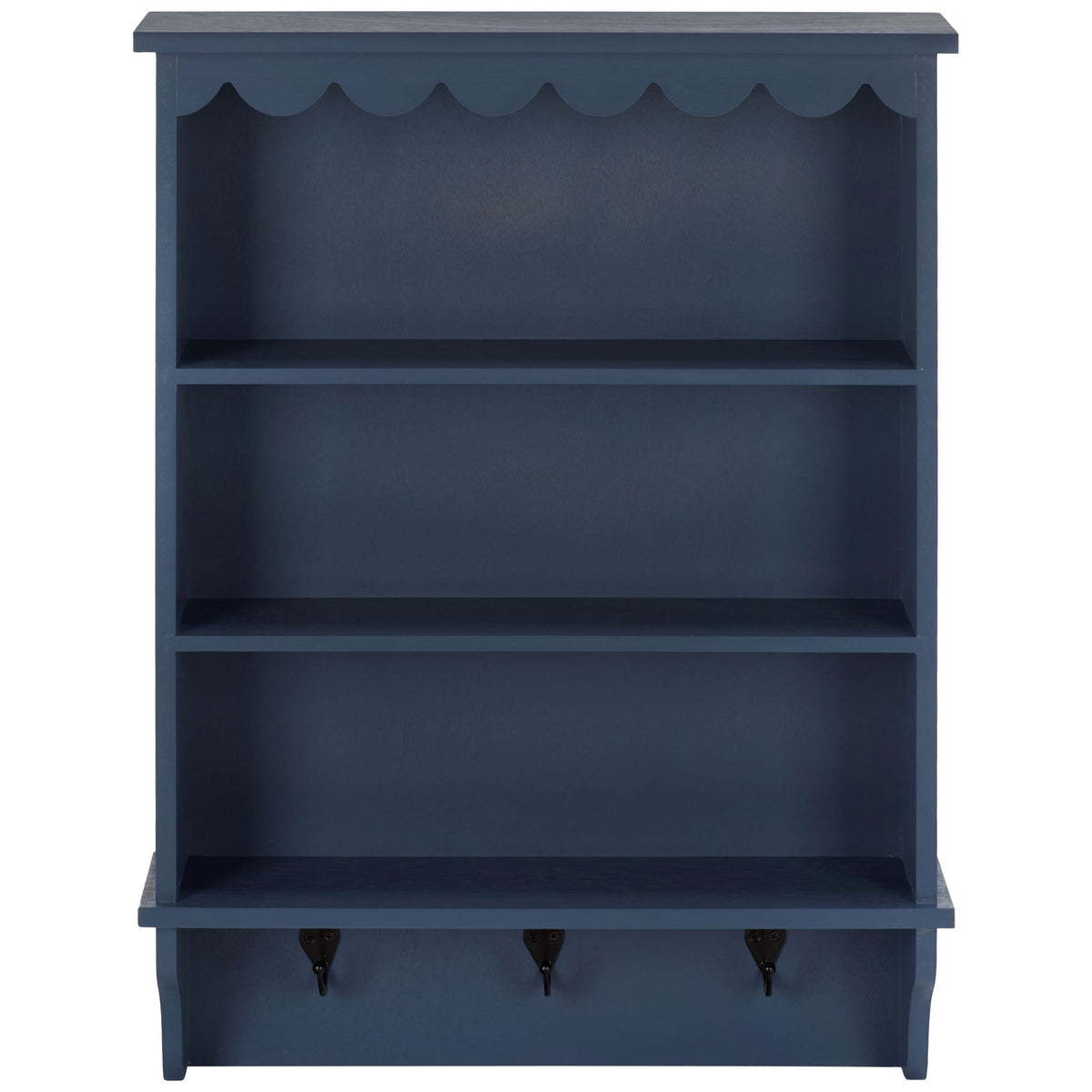 Deep blue wood wall rack features three open shelves, scalloped trim, and three black hooks || STG5702D || front_studio