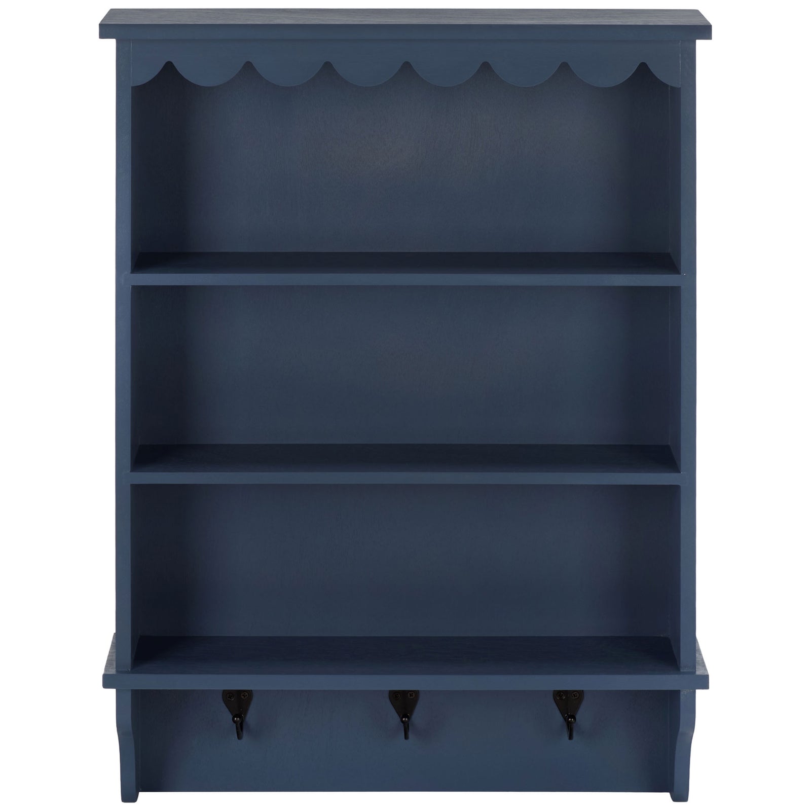 Deep blue wood wall rack features three open shelves, scalloped trim, and three black hooks || STG5702D || front_studio