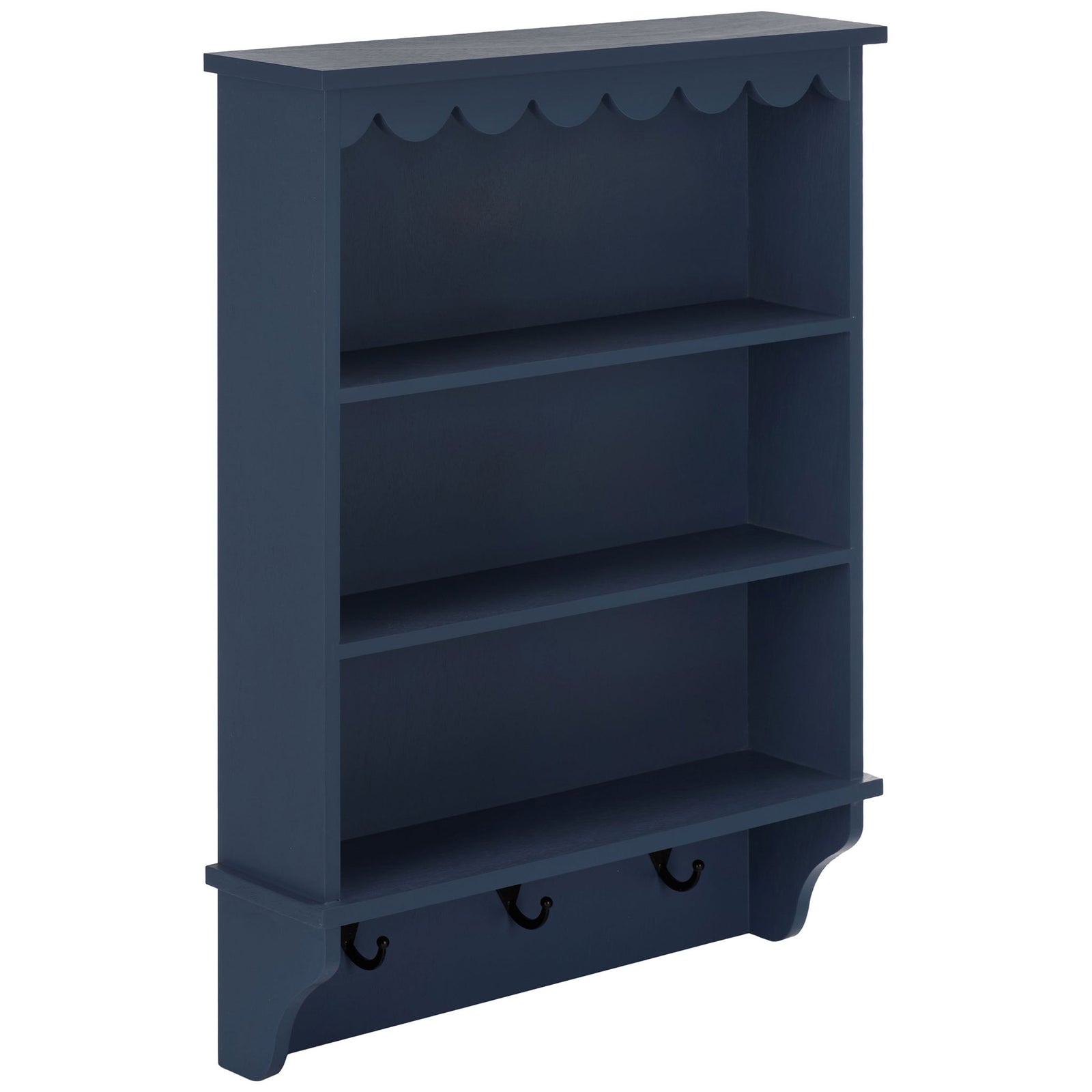 Shallow blue shelves and three black hooks make compact wall storage feel decorative || STG5702D || front_angle_studio