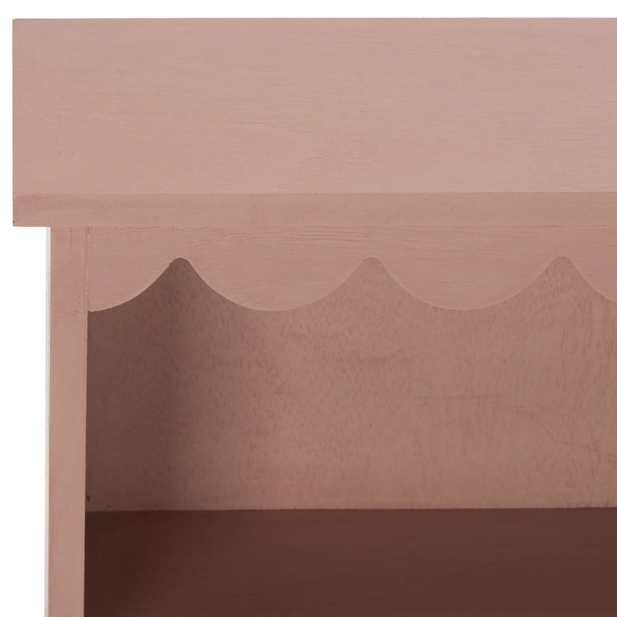 Scalloped trim accents the warm blush pink finish of the wood wall rack || STG5702E || detail_studio