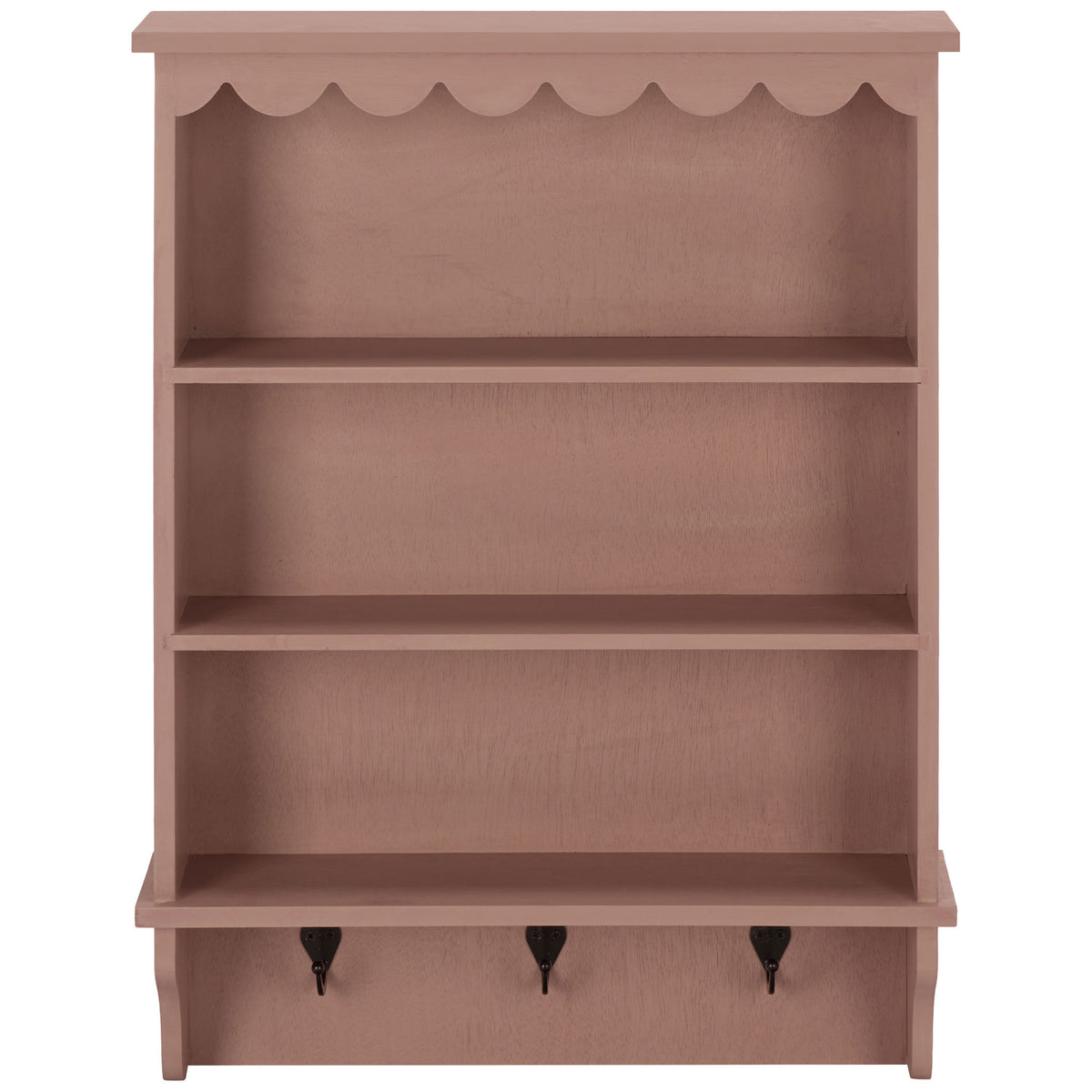 Blush pink wall rack adds three open shelves and three hooks beneath scalloped trim || STG5702E || front_studio