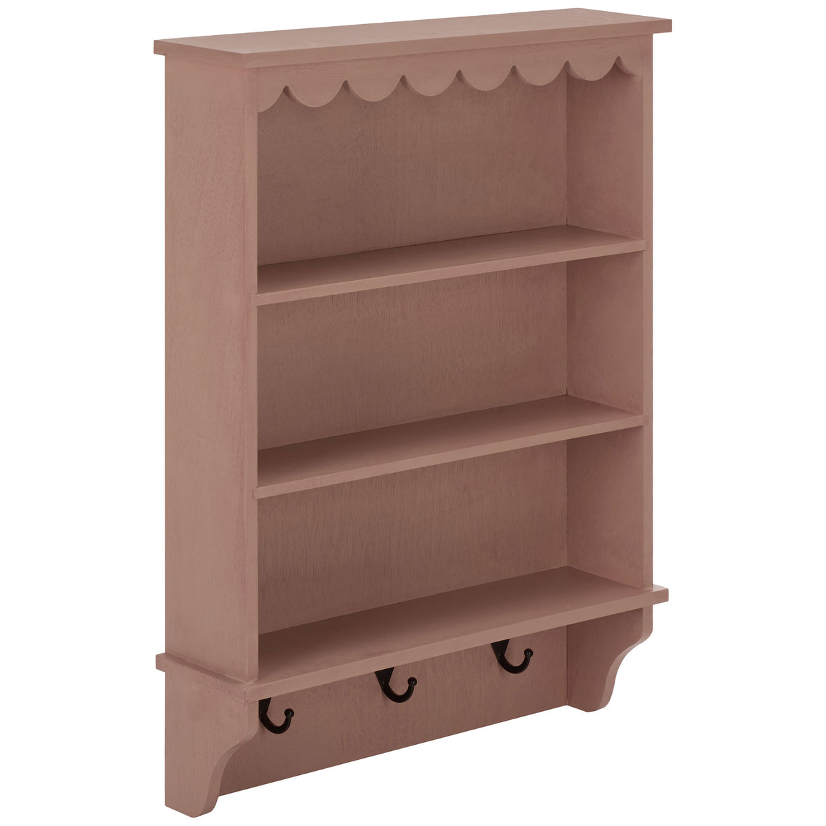 Soft pink wood rack pairs scalloped trim with shallow shelves and black metal hooks || STG5702E || front_angle_studio