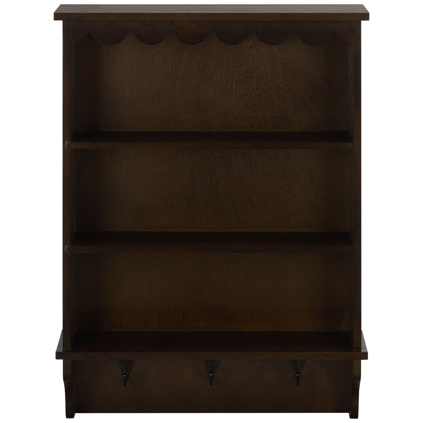 Dark chocolate wood rack combines scalloped trim, three shelves, and three hanging hooks || STG5702F || front_studio