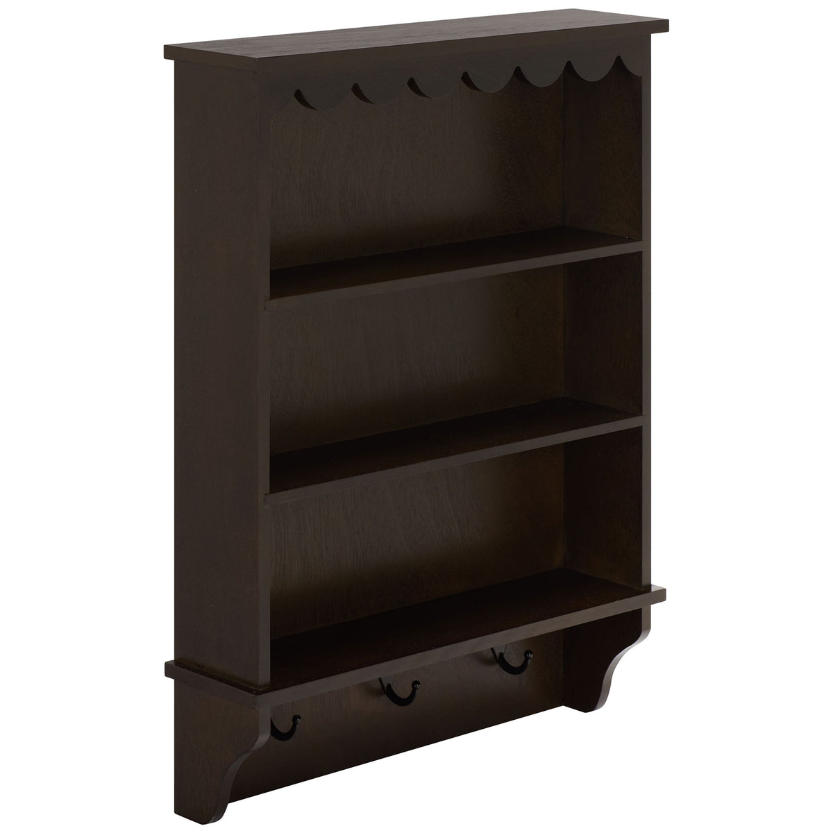 A dark chocolate finish warms the wood rack's slim shelves and black metal hooks || STG5702F || front_angle_studio
